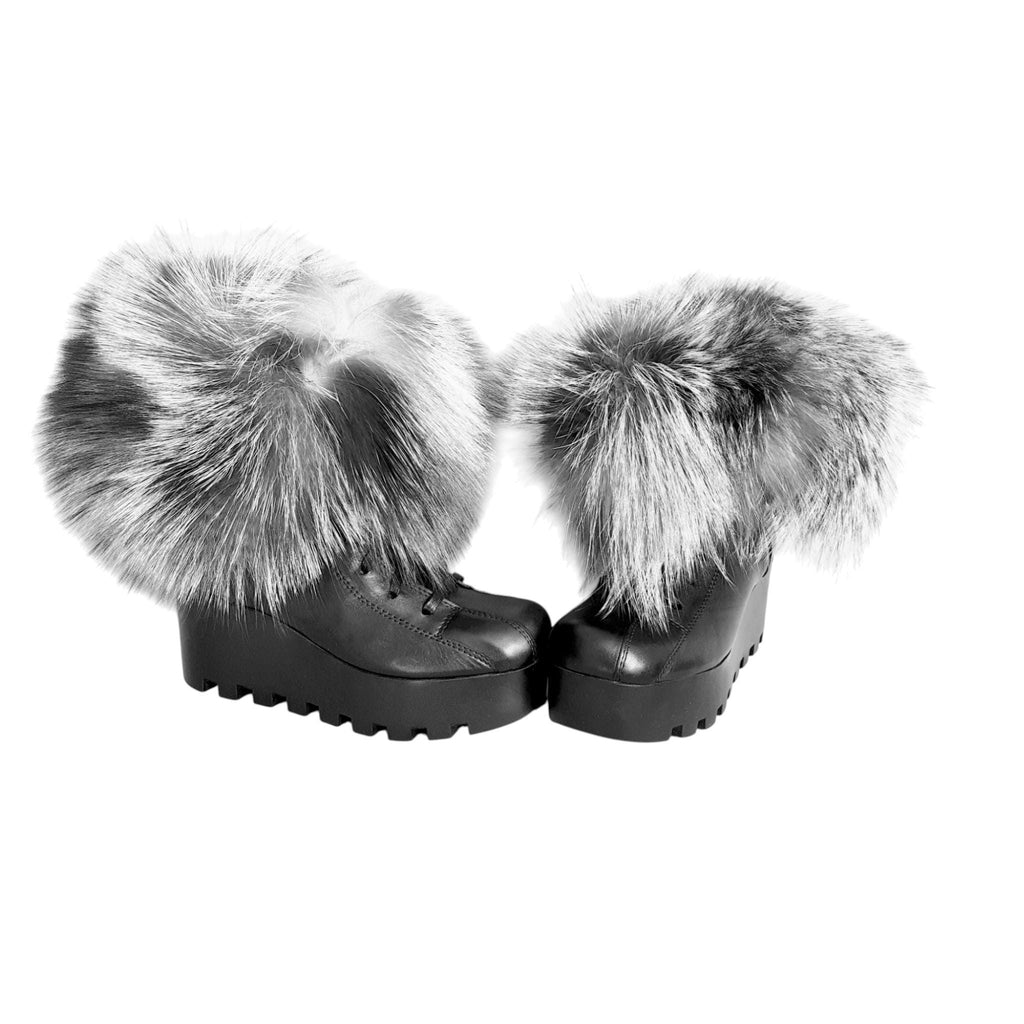 Fur Leather Wedge Boots, Avant Garde Platform Boots, Real Fox Fur Ankle Boots, Handmade Winter Boots, Festival Shoes, Statement Footwear