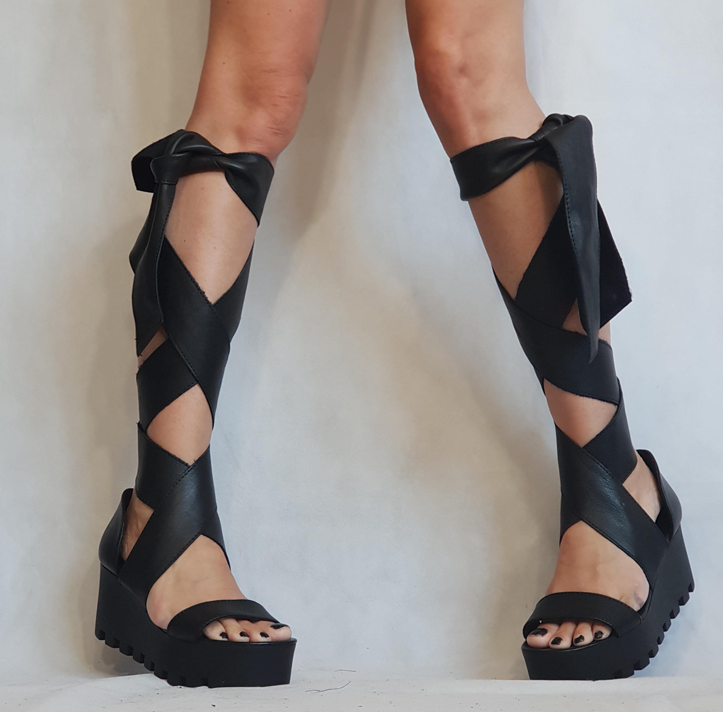 Gladiator Platform Sandals, Black Leather Wedge Sandals, Knee High Handmade Sandals, Avant-garde Summer Shoes, Festival Footwear