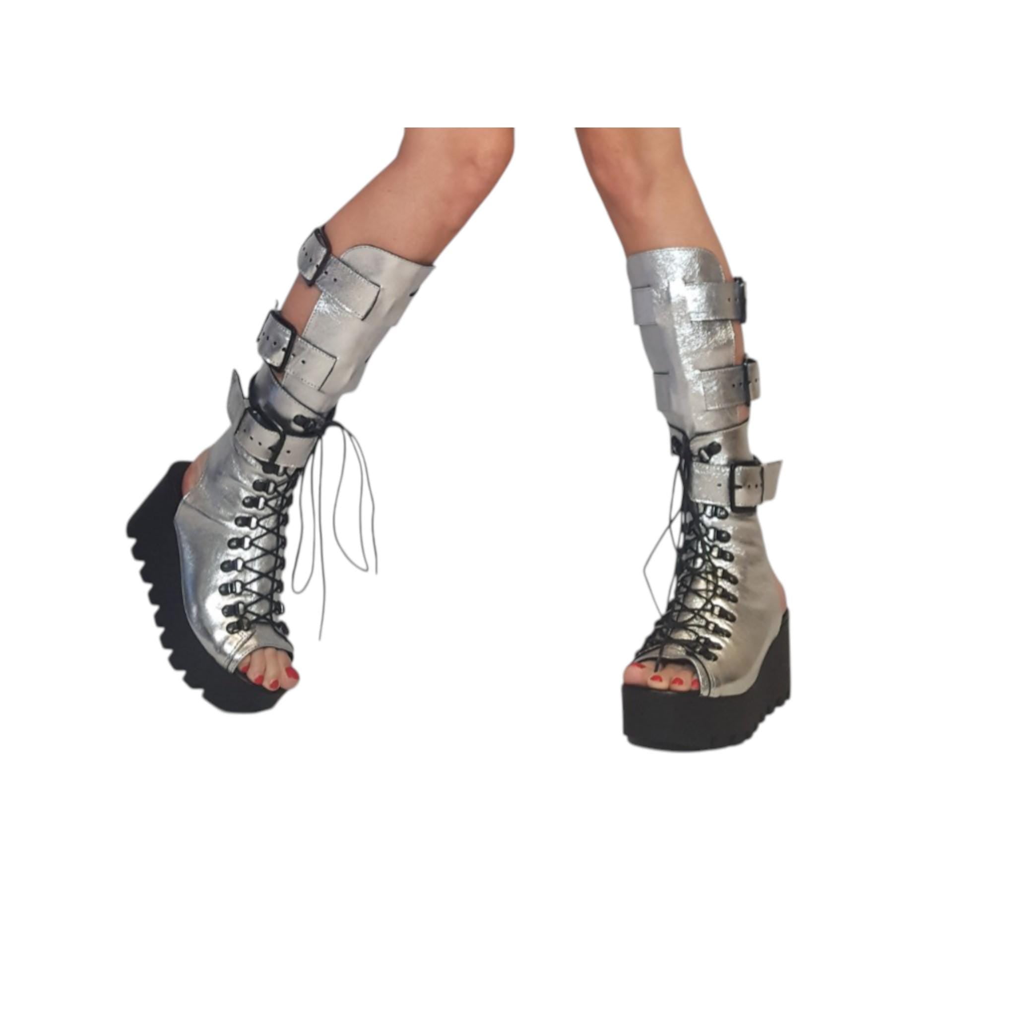 Gladiator Platform Sandals, Black Leather Summer Boots, Handmade Gothic Shoes, Open Toe High Sandals, Statement Footwear
