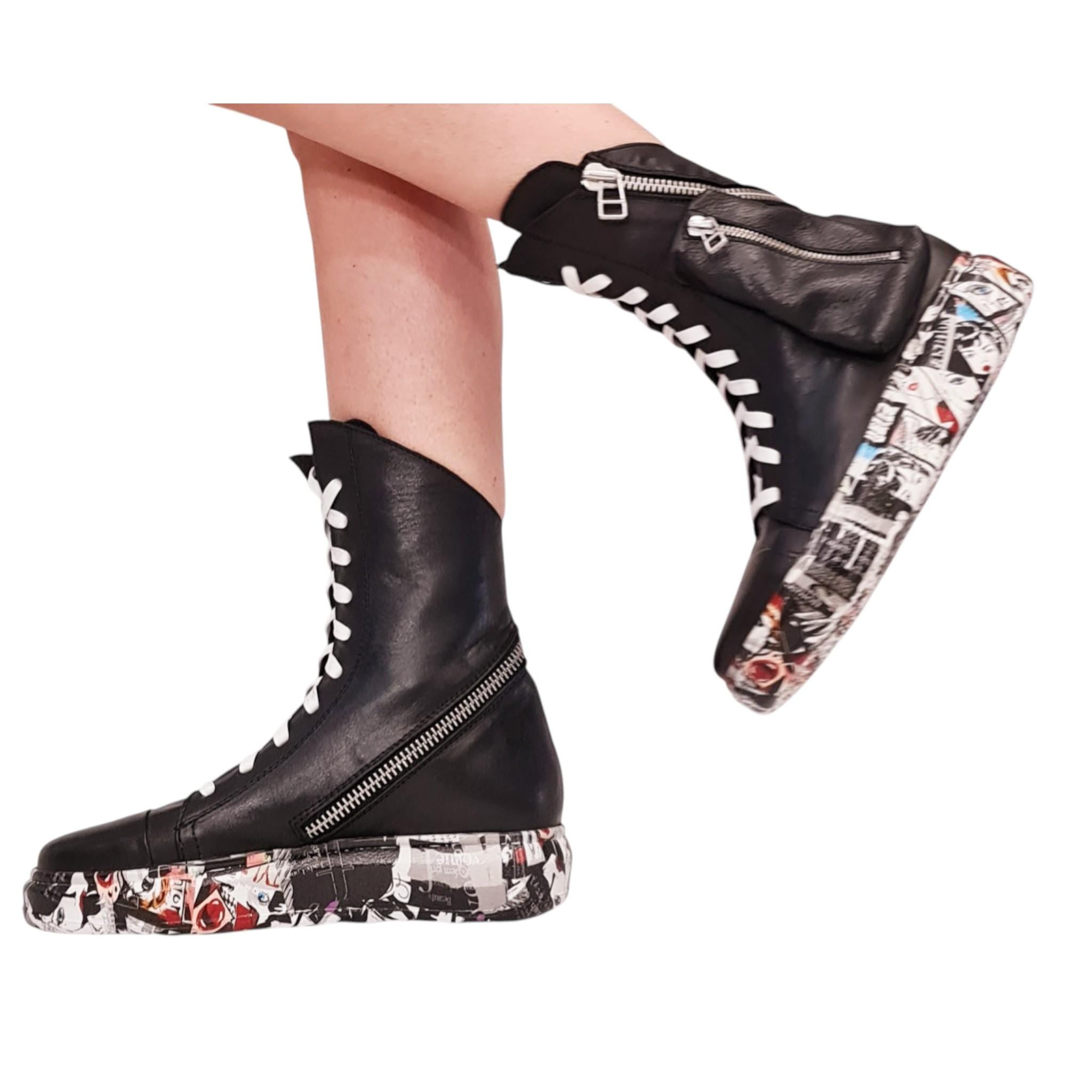 Unisex Black Leather Boots with Comic Sole, High Top Lace-Up Boots with Pocket Zipper, Handmade Shoes for Men and Women