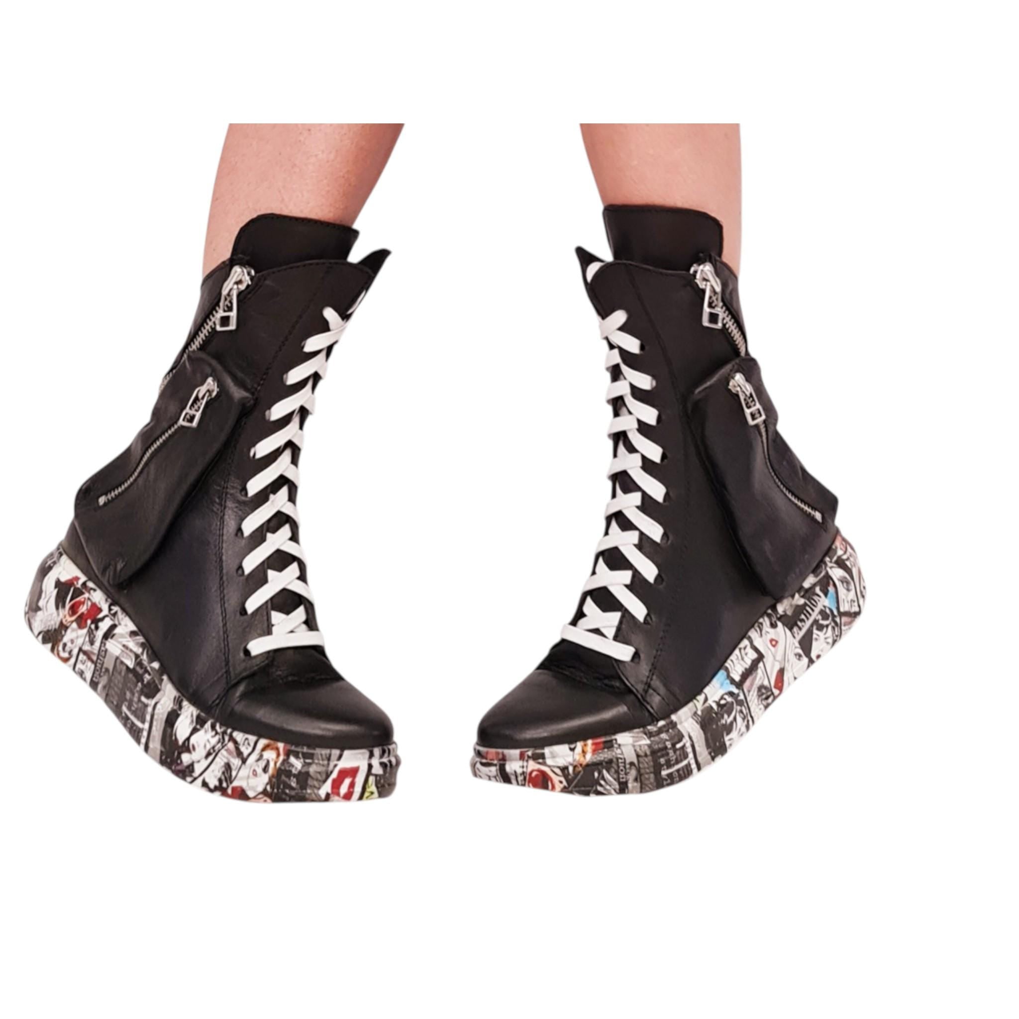 Unisex Black Leather Boots with Comic Sole, High Top Lace-Up Boots with Pocket Zipper, Handmade Shoes for Men and Women