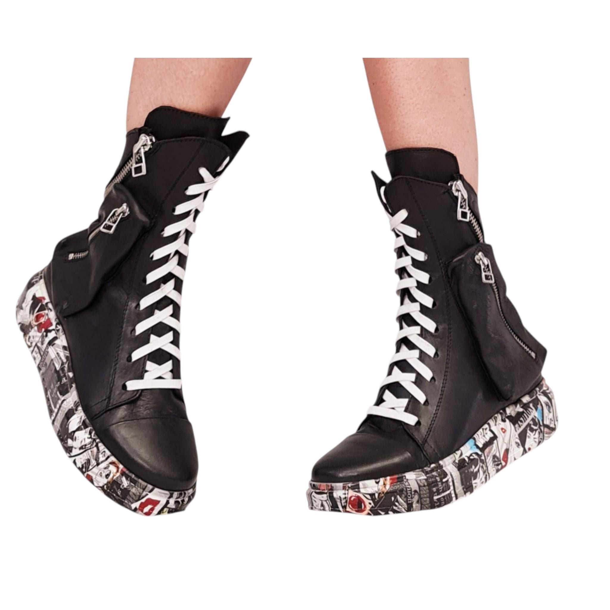 Unisex Black Leather Boots with Comic Sole, High Top Lace-Up Boots with Pocket Zipper, Handmade Shoes for Men and Women