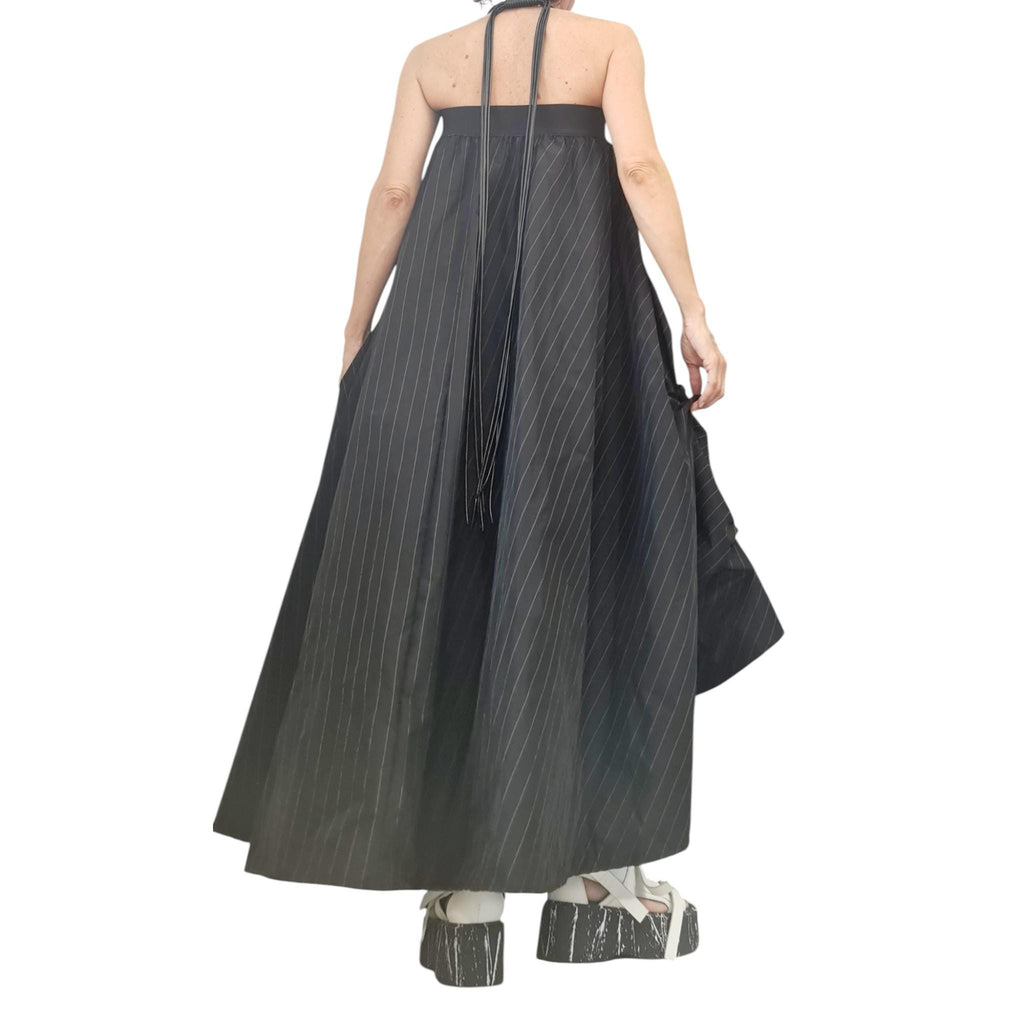 Extravagant Black Pinstripe Skirt Dress, Avant Garde Cotton Satin Tulle Maxi, Transformable Gown with Adjustable Drawstrings