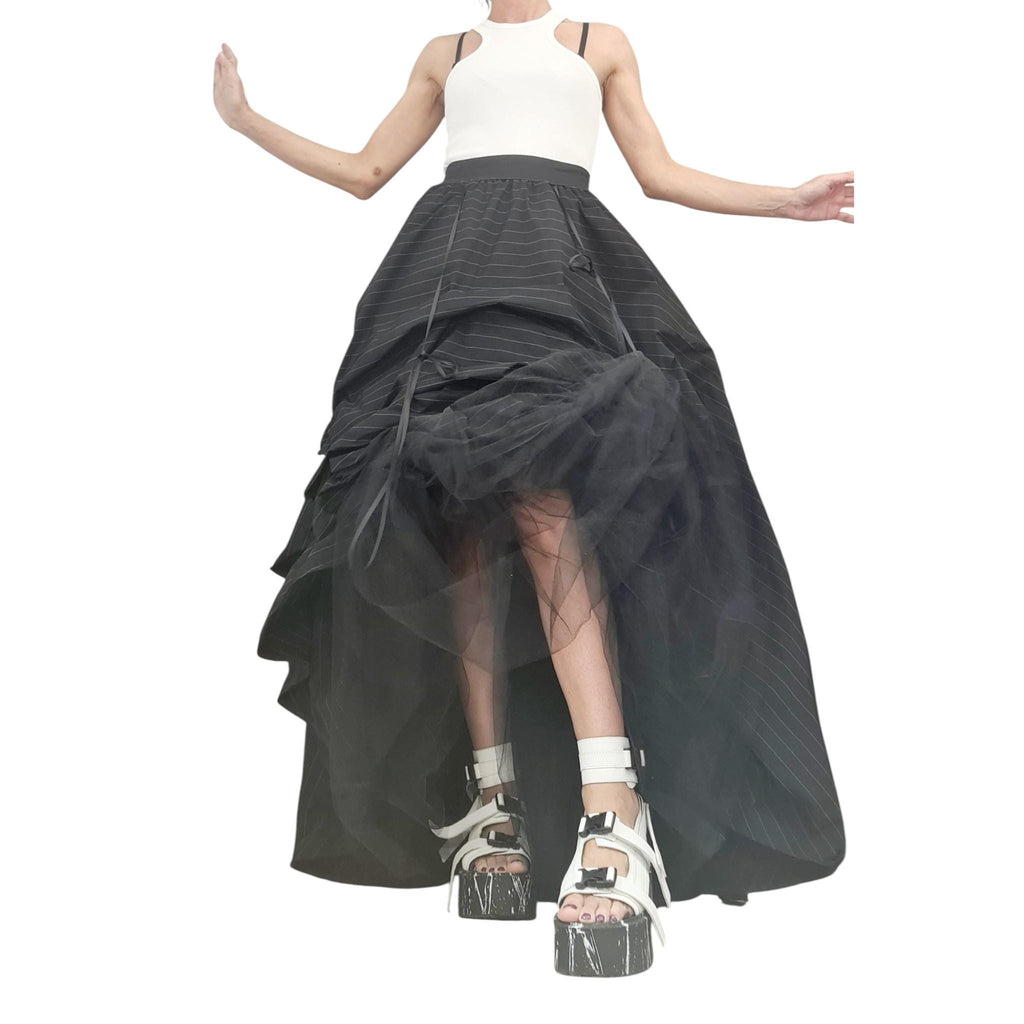 Extravagant Black Pinstripe Skirt Dress, Avant Garde Cotton Satin Tulle Maxi, Transformable Gown with Adjustable Drawstrings