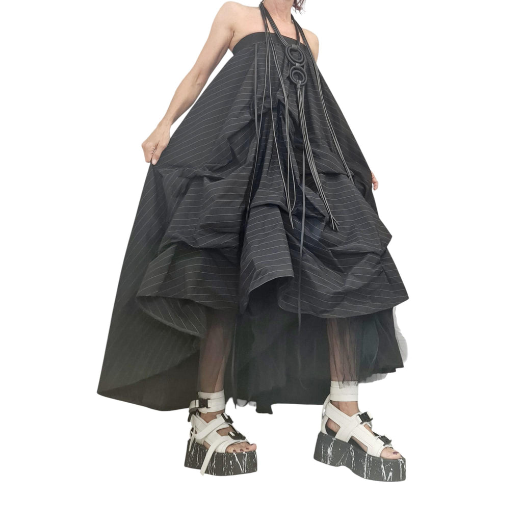 Extravagant Black Pinstripe Skirt Dress, Avant Garde Cotton Satin Tulle Maxi, Transformable Gown with Adjustable Drawstrings