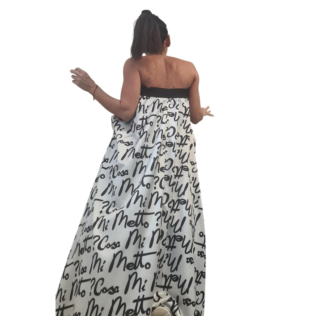Extravagant Script Print Skirt Dress, Avant Garde Cotton Satin Tulle Maxi, Black White Transformable Gown with Drawstrings
