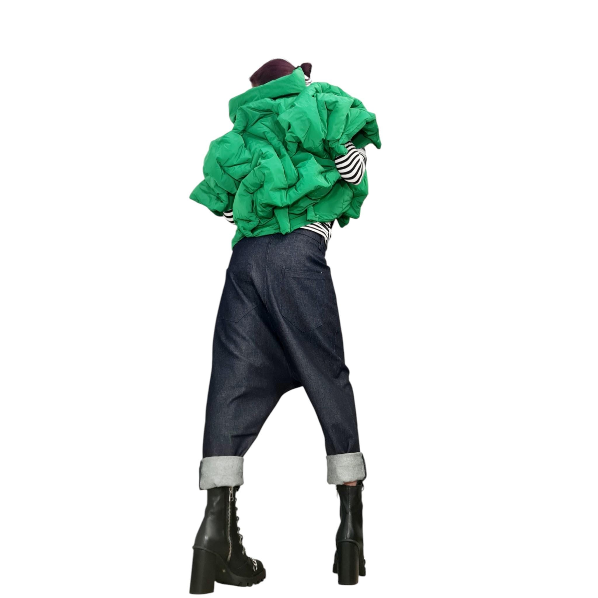 Avant Garde Green Winter Jacket – Asymmetric Handmade Short Puffer Coat