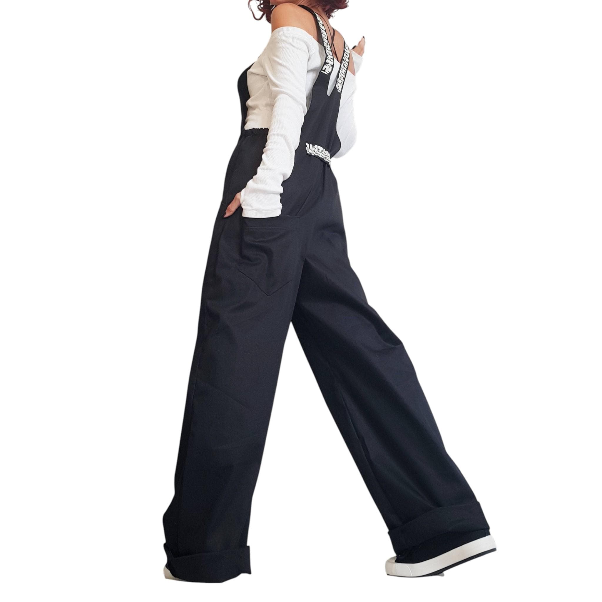 Black Wide Leg Overalls, Unisex Cotton Jumpsuit, Avant Garde Loose Fit Pants, Streetwear Dungarees, Handmade