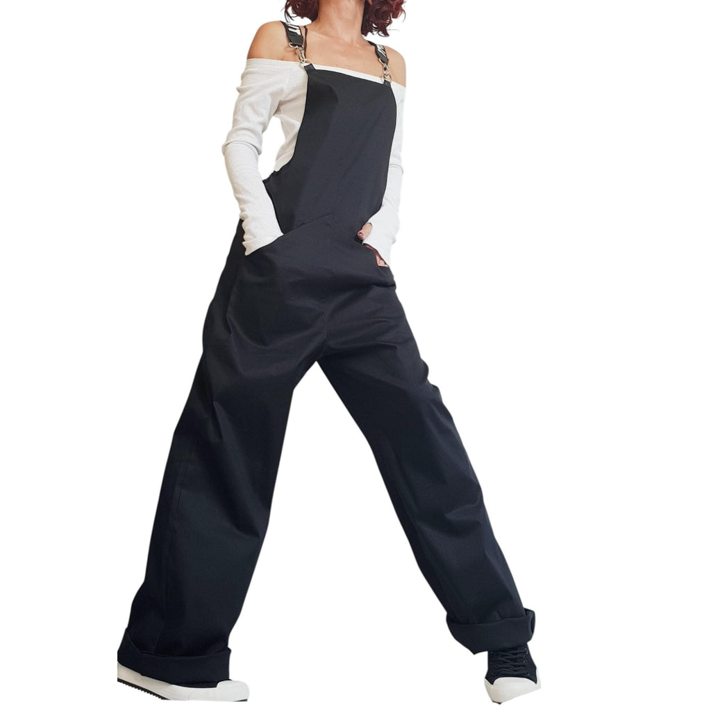 Black Wide Leg Overalls, Unisex Cotton Jumpsuit, Avant Garde Loose Fit Pants, Streetwear Dungarees, Handmade