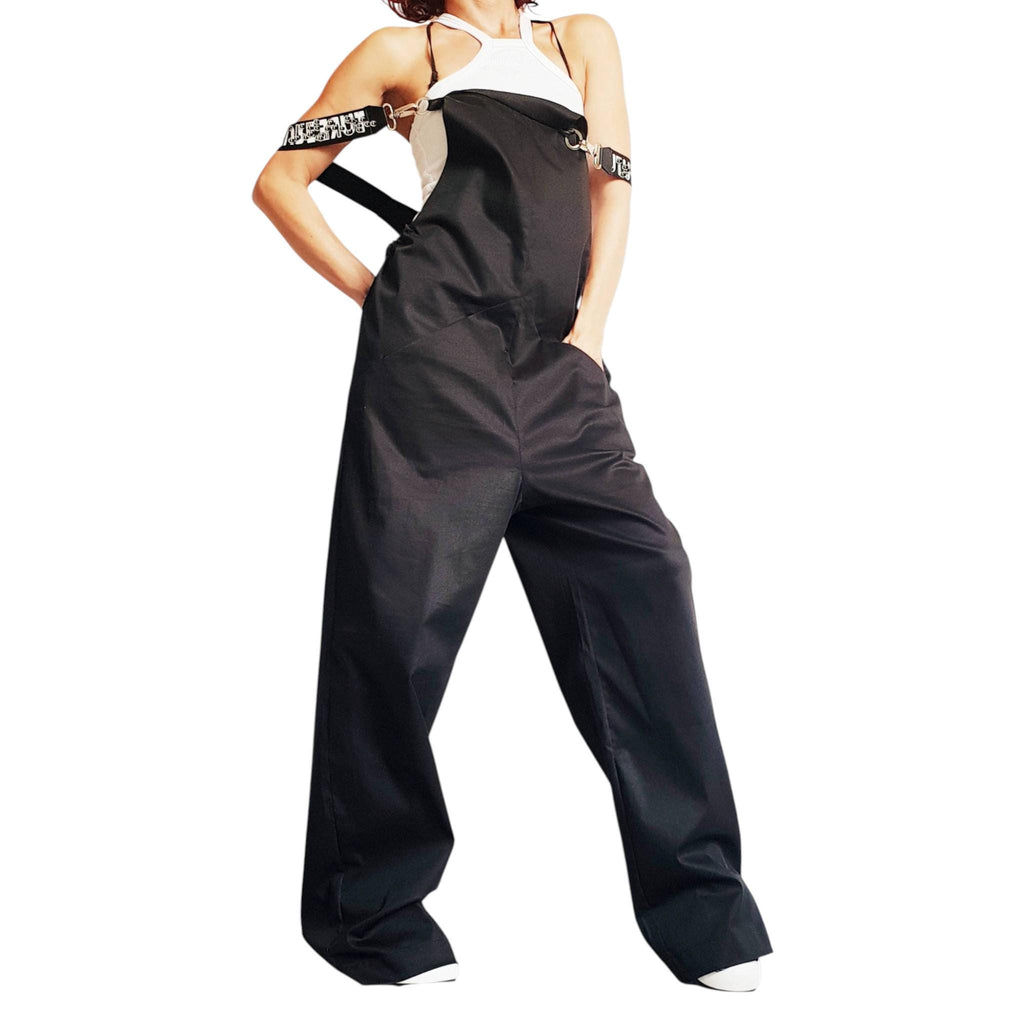 Black Wide Leg Overalls, Unisex Cotton Jumpsuit, Avant Garde Loose Fit Pants, Streetwear Dungarees, Handmade