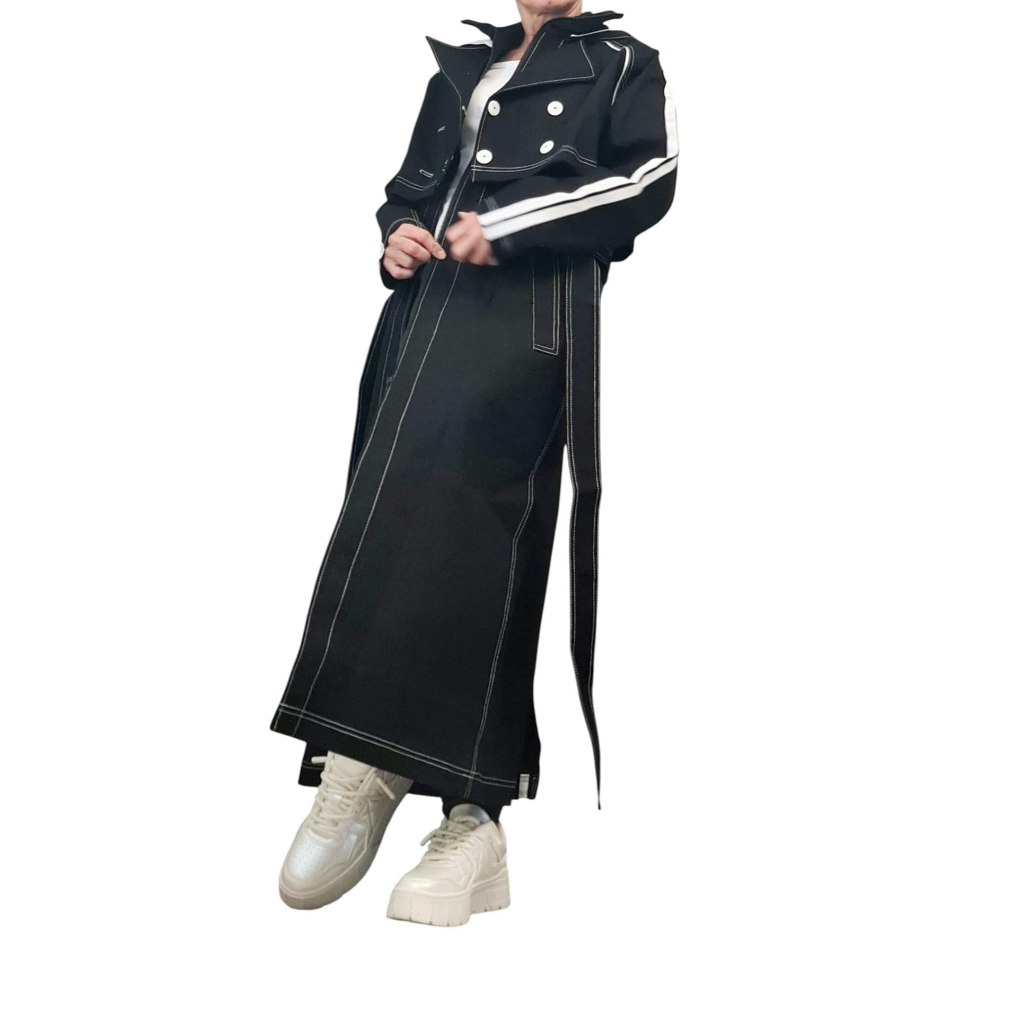 Avant-Garde Denim Trenchcoat Set, Two-Piece Hooded Vest and Cropped Jacket, Black Layered Streetwear, Unisex Statement Outerwear