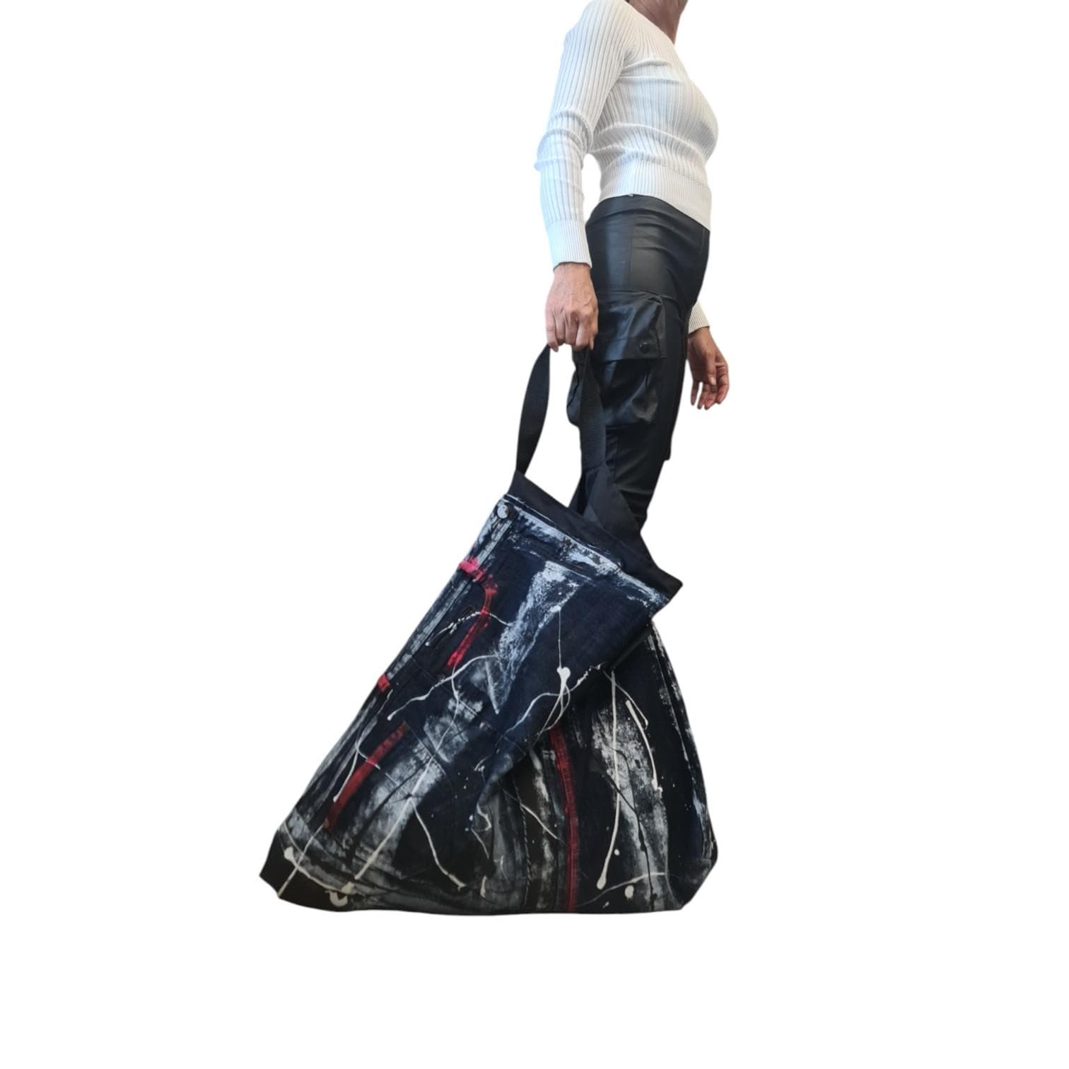 Oversized Denim Tote Bag, Handmade Artistic Shoulder Bag, Large Hand Painted Jeans Bag, Unique Avant Garde Slouchy Purse