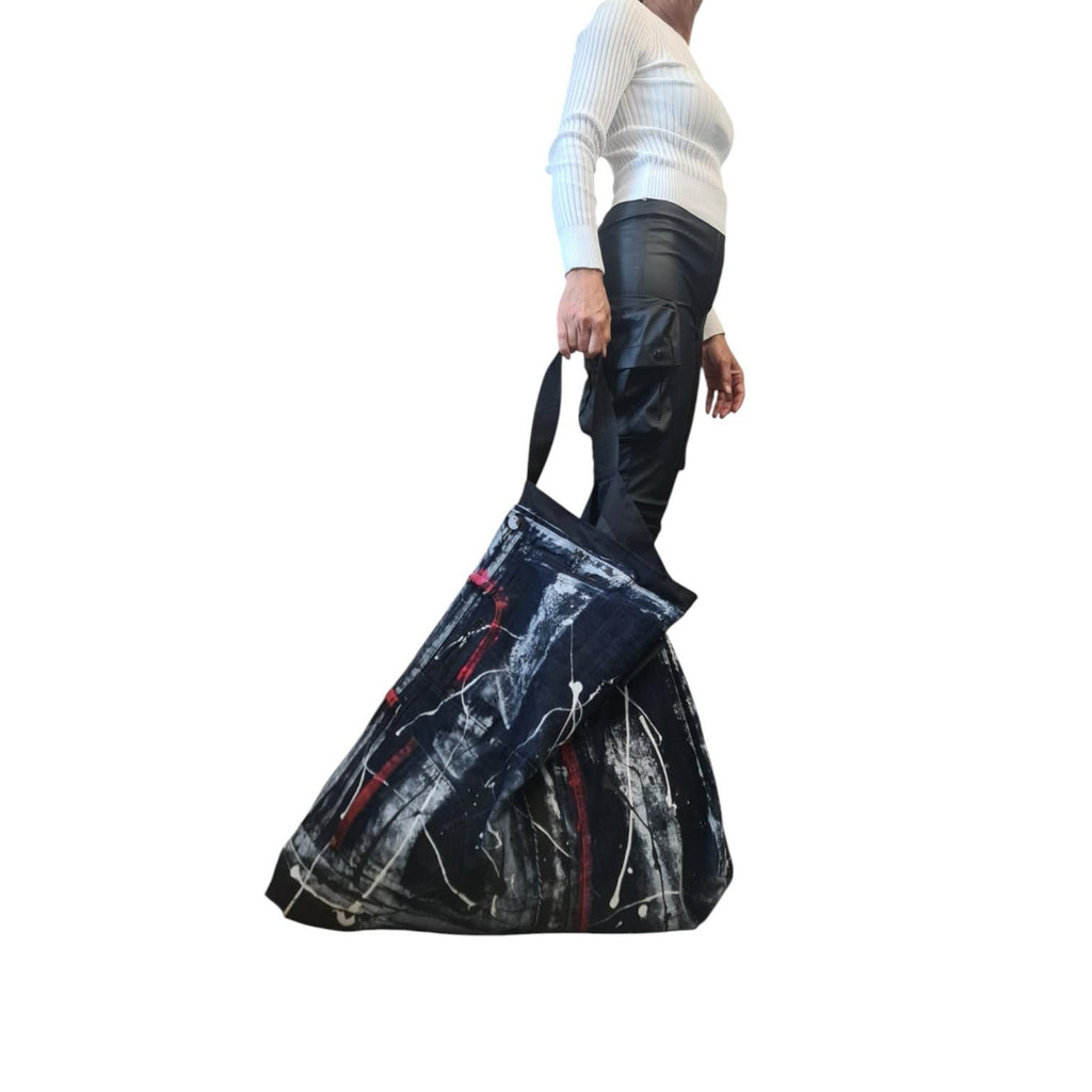 Oversized Denim Tote Bag, Handmade Artistic Shoulder Bag, Large Hand Painted Jeans Bag, Unique Avant Garde Slouchy Purse