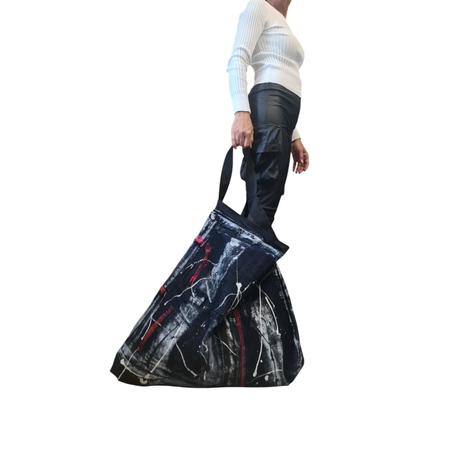 Oversized Denim Tote Bag, Handmade Artistic Shoulder Bag, Large Hand Painted Jeans Bag, Unique Avant Garde Slouchy Purse