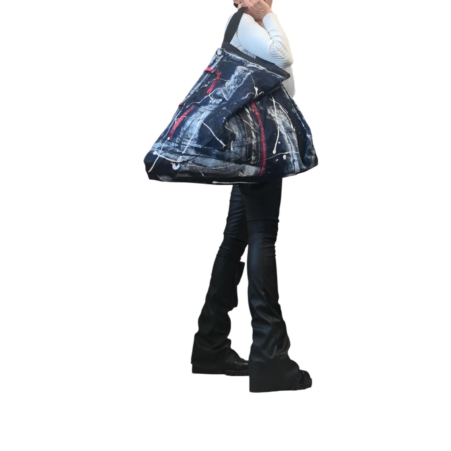 Oversized Denim Tote Bag, Handmade Artistic Shoulder Bag, Large Hand Painted Jeans Bag, Unique Avant Garde Slouchy Purse