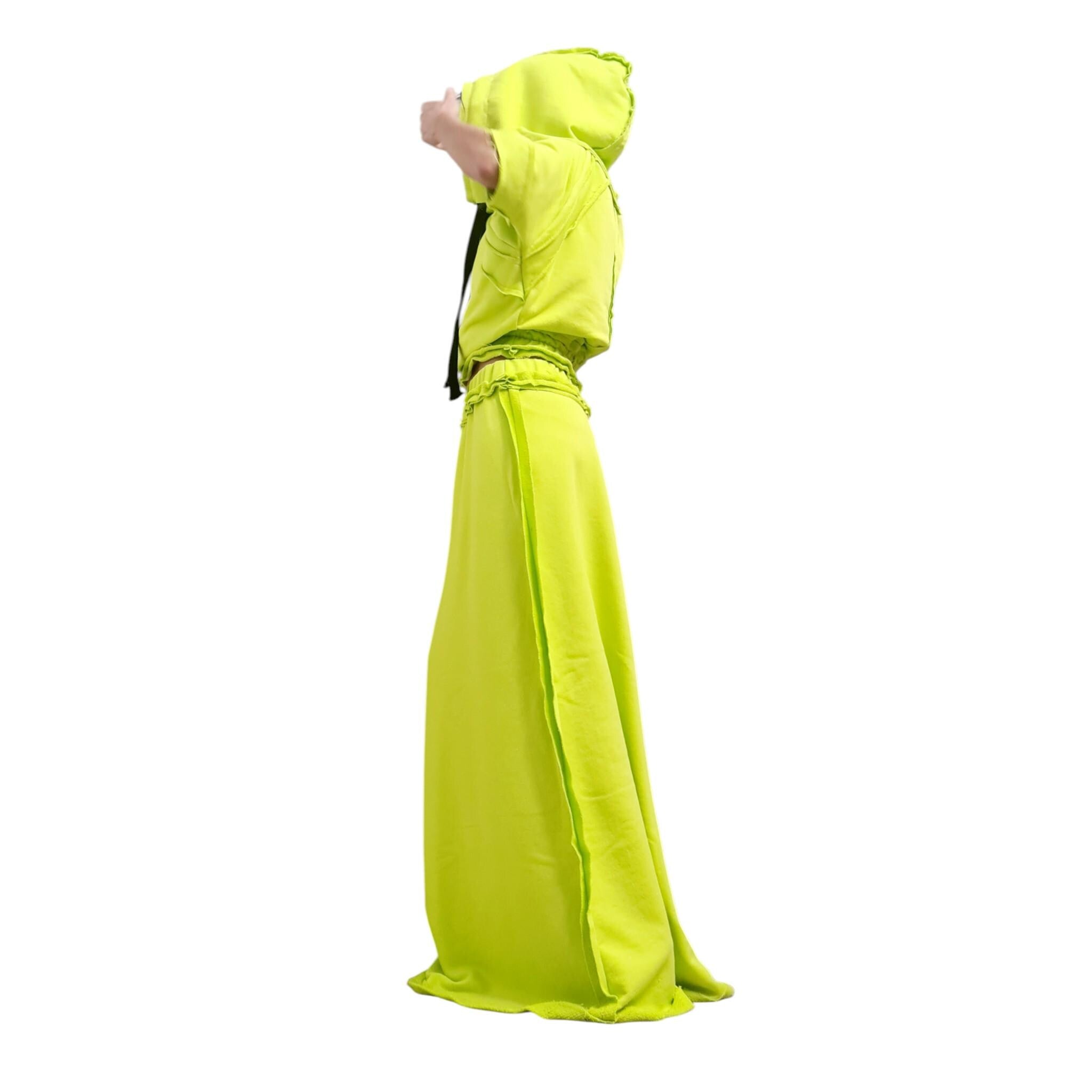 Lime Green Skirt and Top Set, Avant Garde Two Piece Outfit with Exposed Seams, Sport Cotton Maxi Skirt and Hoodie Crop Top