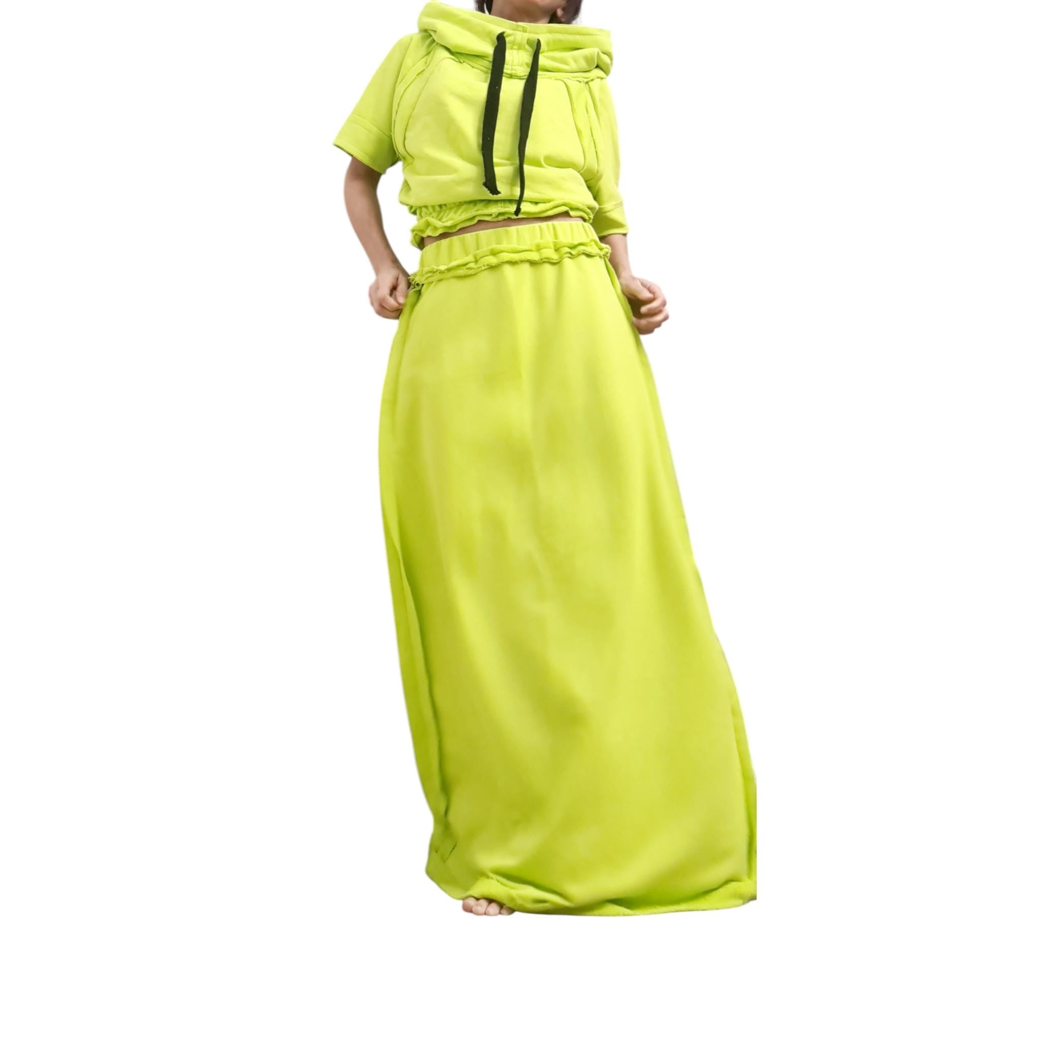 Lime Green Skirt and Top Set, Avant Garde Two Piece Outfit with Exposed Seams, Sport Cotton Maxi Skirt and Hoodie Crop Top