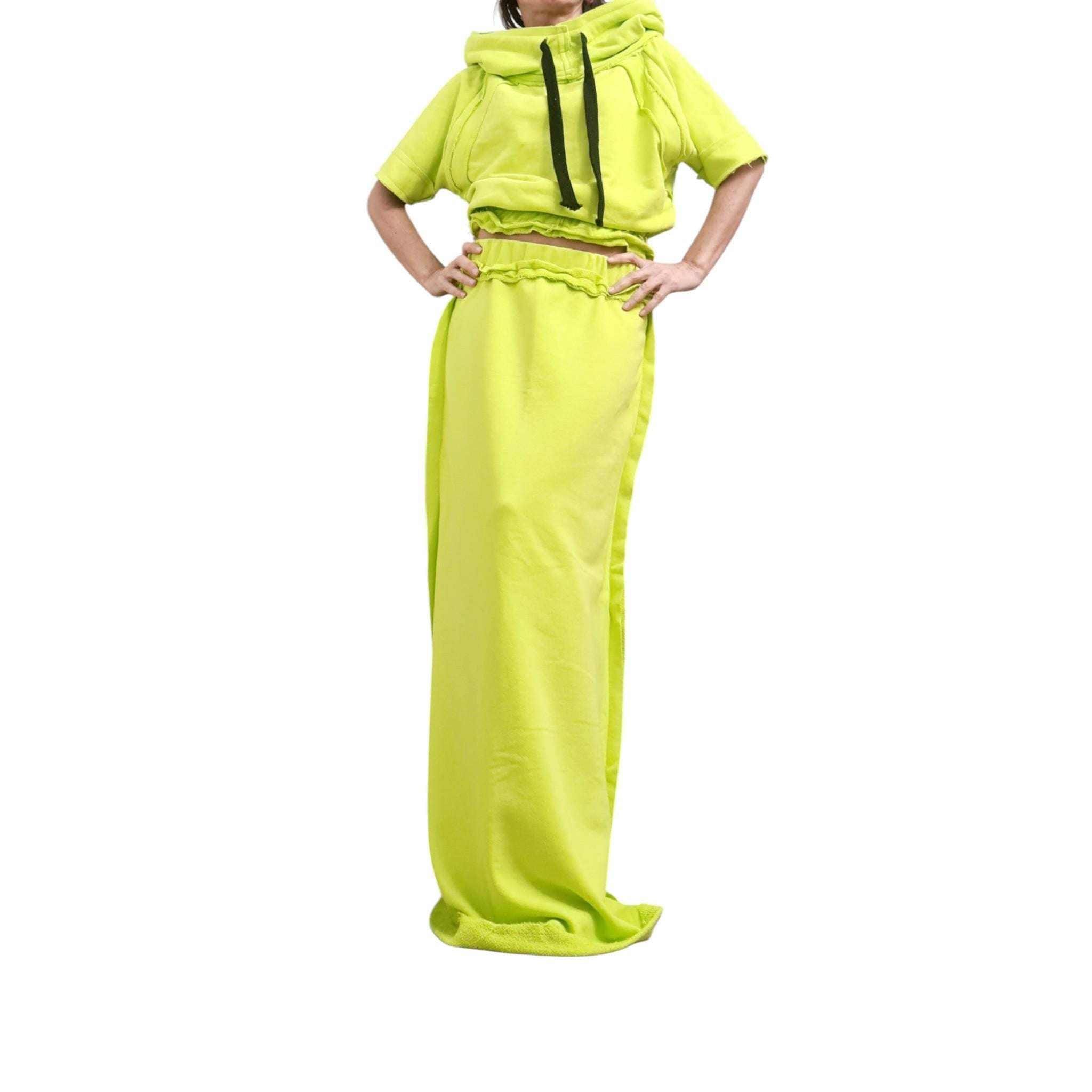 Lime Green Skirt and Top Set, Avant Garde Two Piece Outfit with Exposed Seams, Sport Cotton Maxi Skirt and Hoodie Crop Top
