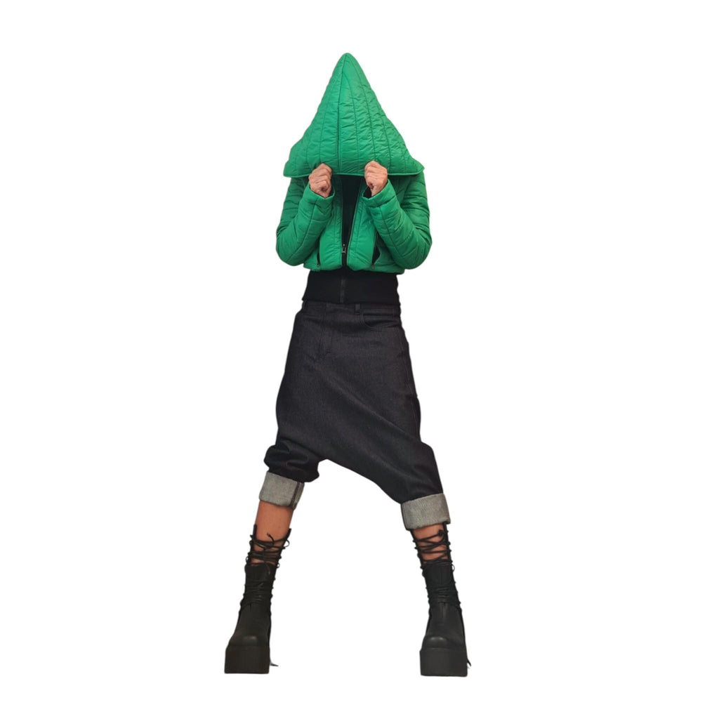 Avant Garde Green Winter Jacket | Asymmetric Short Puffer Coat | Waterproof Quilted Outerwear | Handmade Warm Jacket