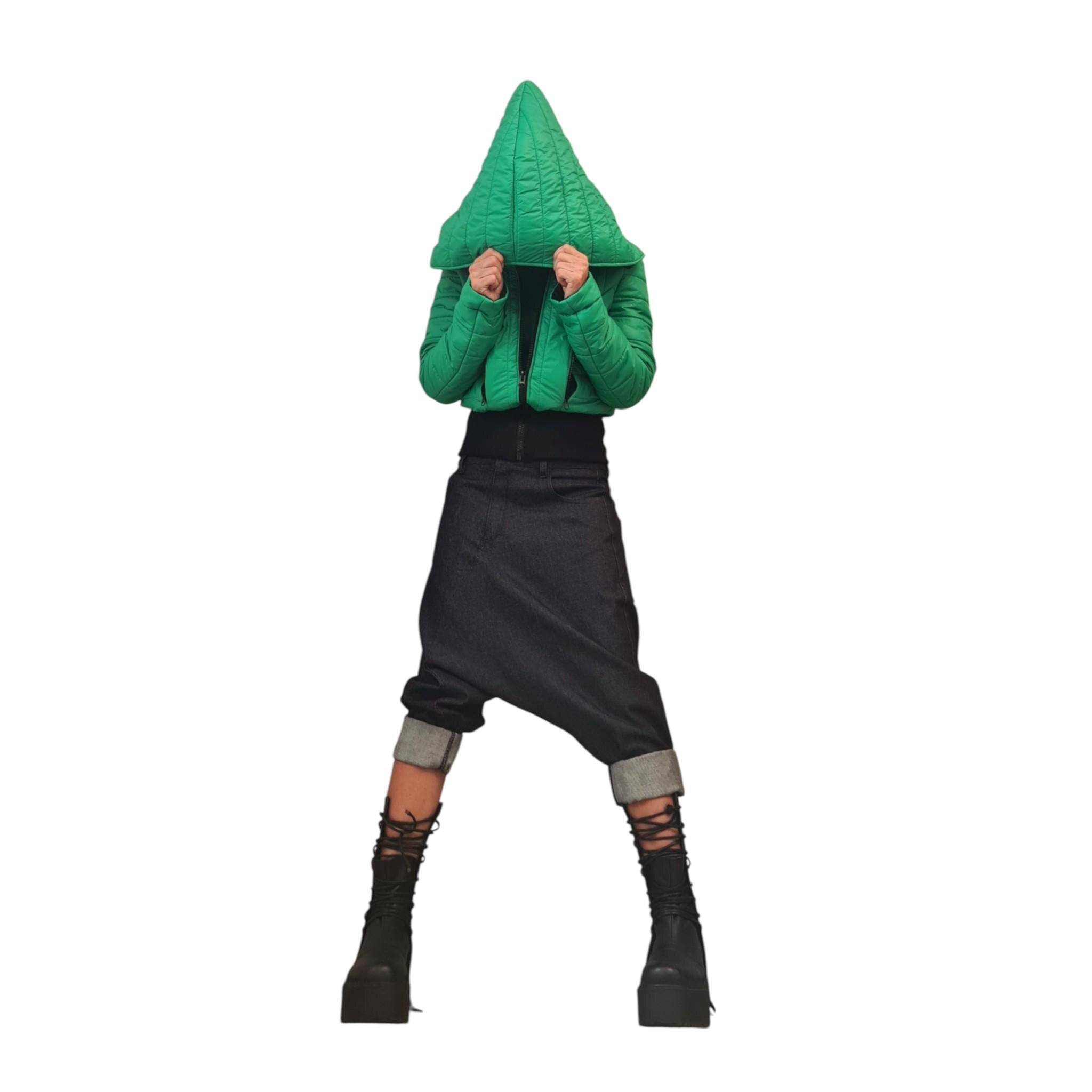 Avant Garde Green Winter Jacket | Asymmetric Short Puffer Coat | Waterproof Quilted Outerwear | Handmade Warm Jacket