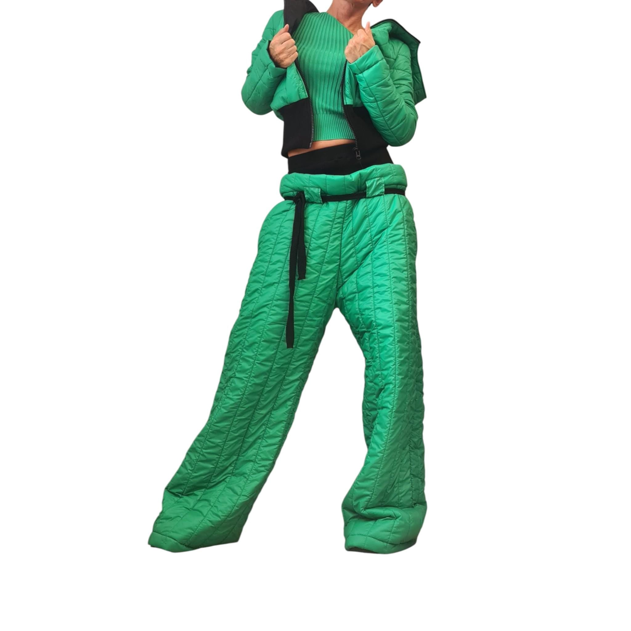 Green Quilted Wide Leg Pants – Avant-Garde Winter Trousers, Padded High Waist Pants, Gender Neutral Streetwear