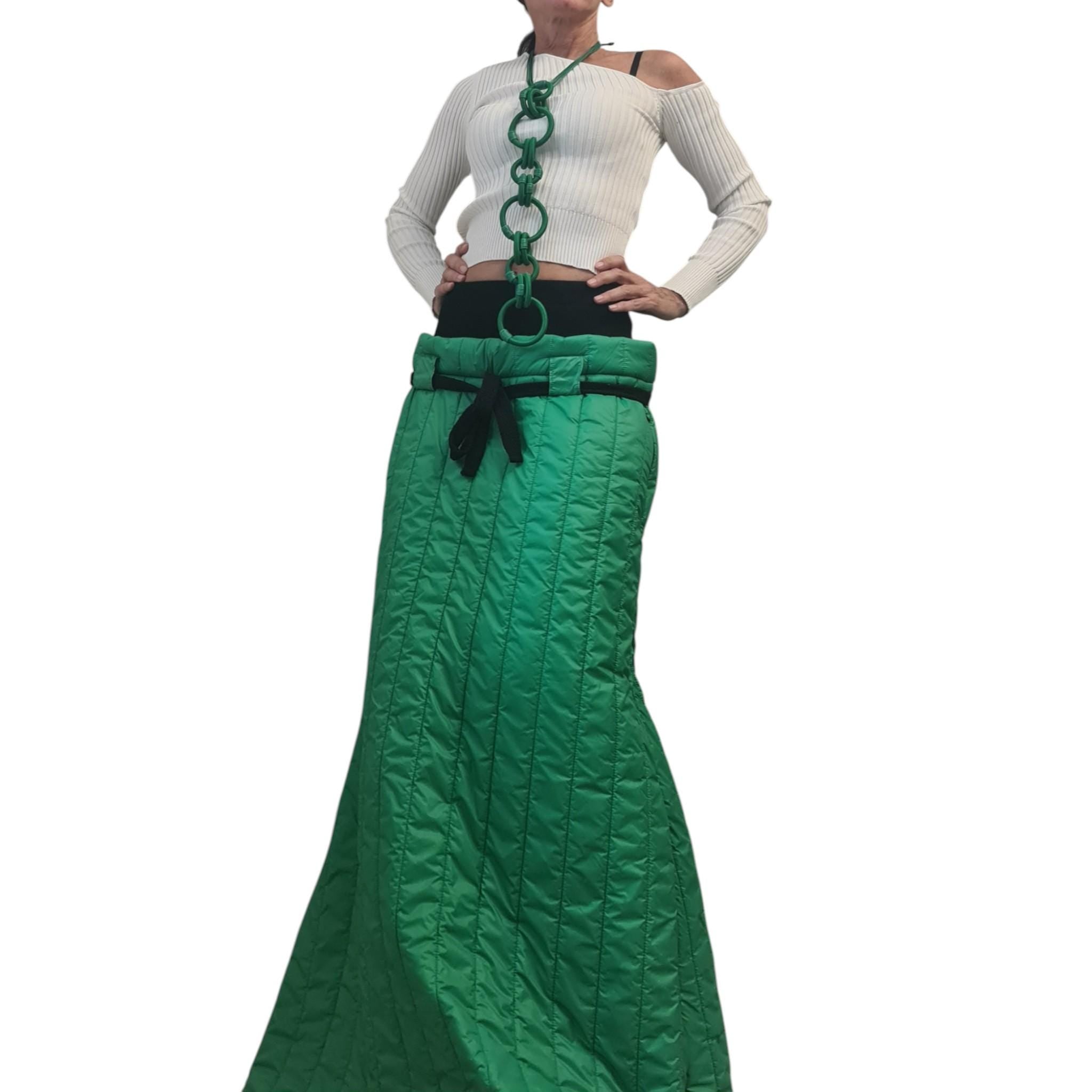 Green Quilted Maxi Skirt, Winter Long Puffer Skirt, Avant-Garde Insulated Skirt with Side Zippers