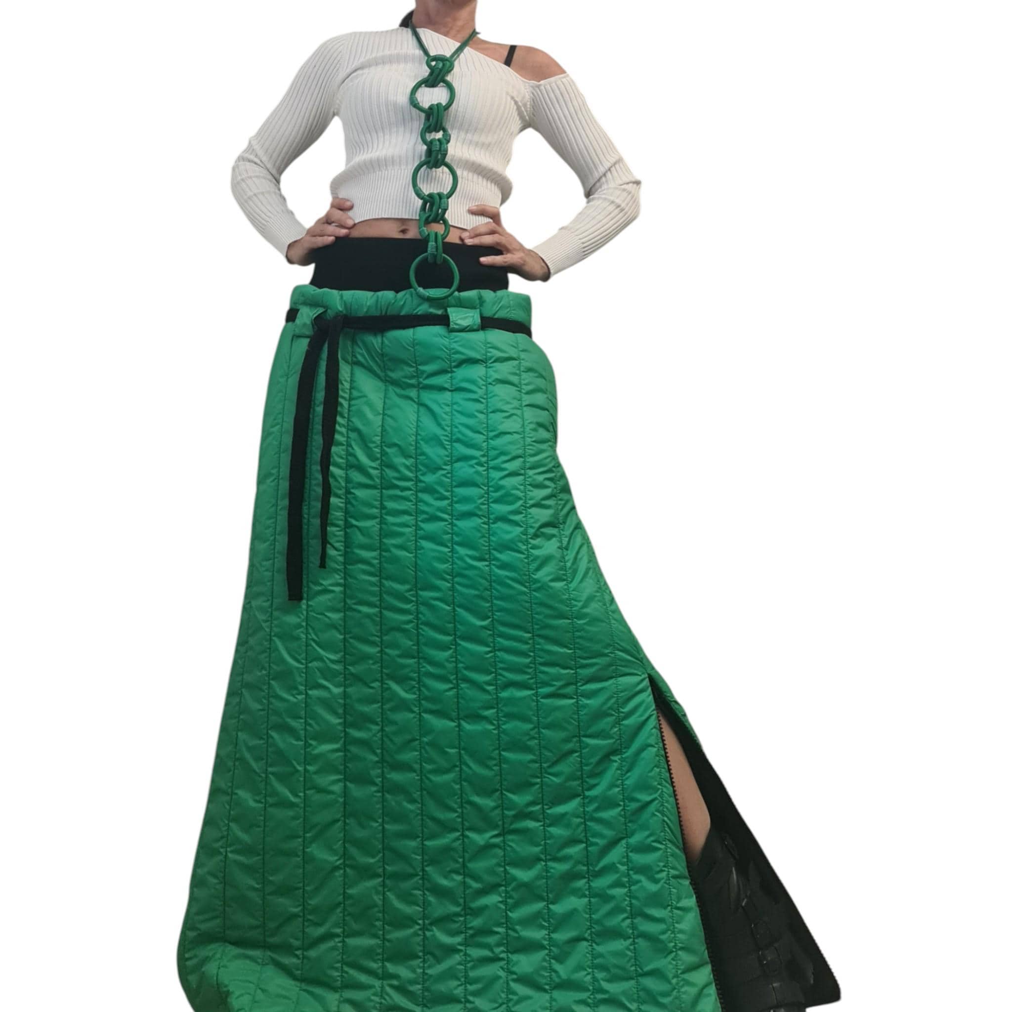 Green Quilted Maxi Skirt, Winter Long Puffer Skirt, Avant-Garde Insulated Skirt with Side Zippers
