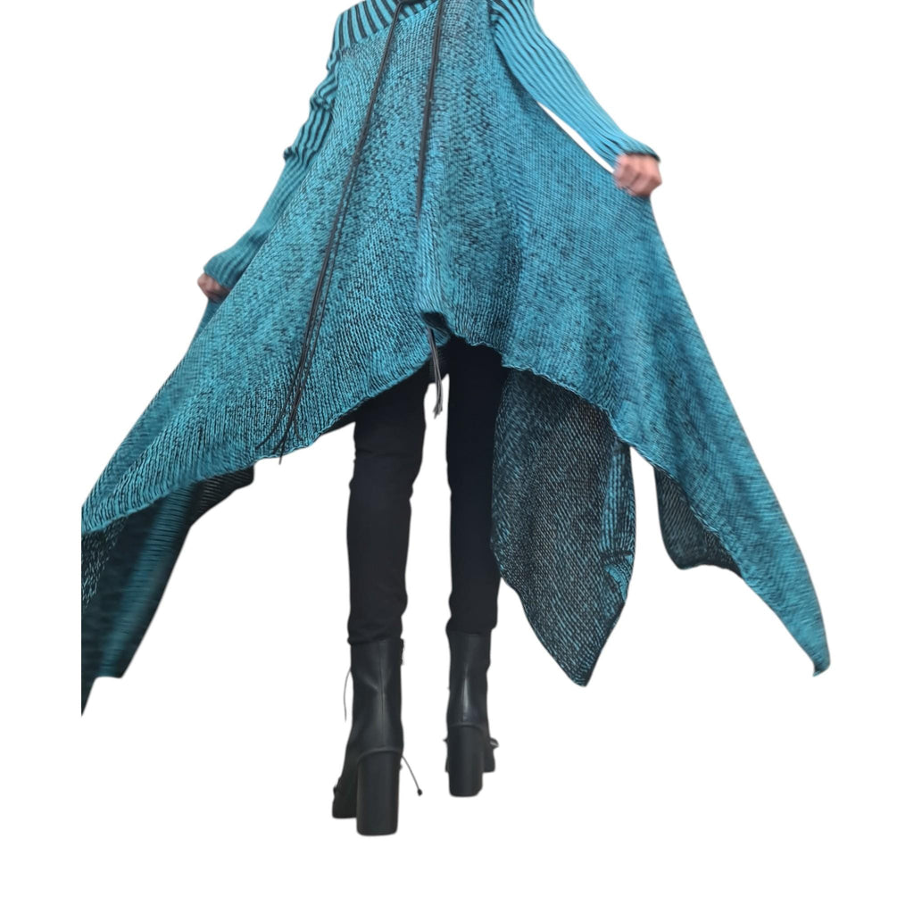 Avant Garde Turquoise Knit Blouse – Open Shoulder Asymmetrical Long Sleeve Top – Sexy Plus Size Fashion – Handmade Unique Women’s Top