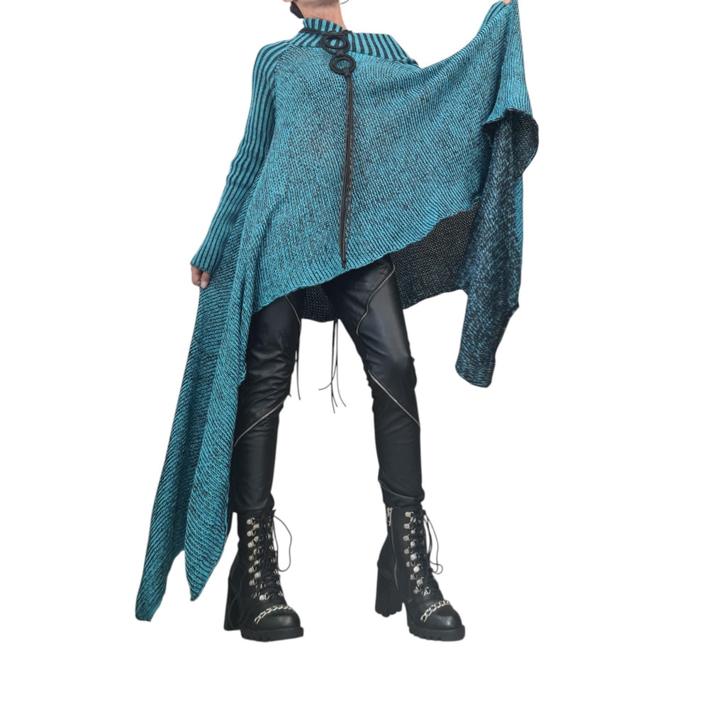 Avant Garde Turquoise Knit Blouse – Open Shoulder Asymmetrical Long Sleeve Top – Sexy Plus Size Fashion – Handmade Unique Women’s Top