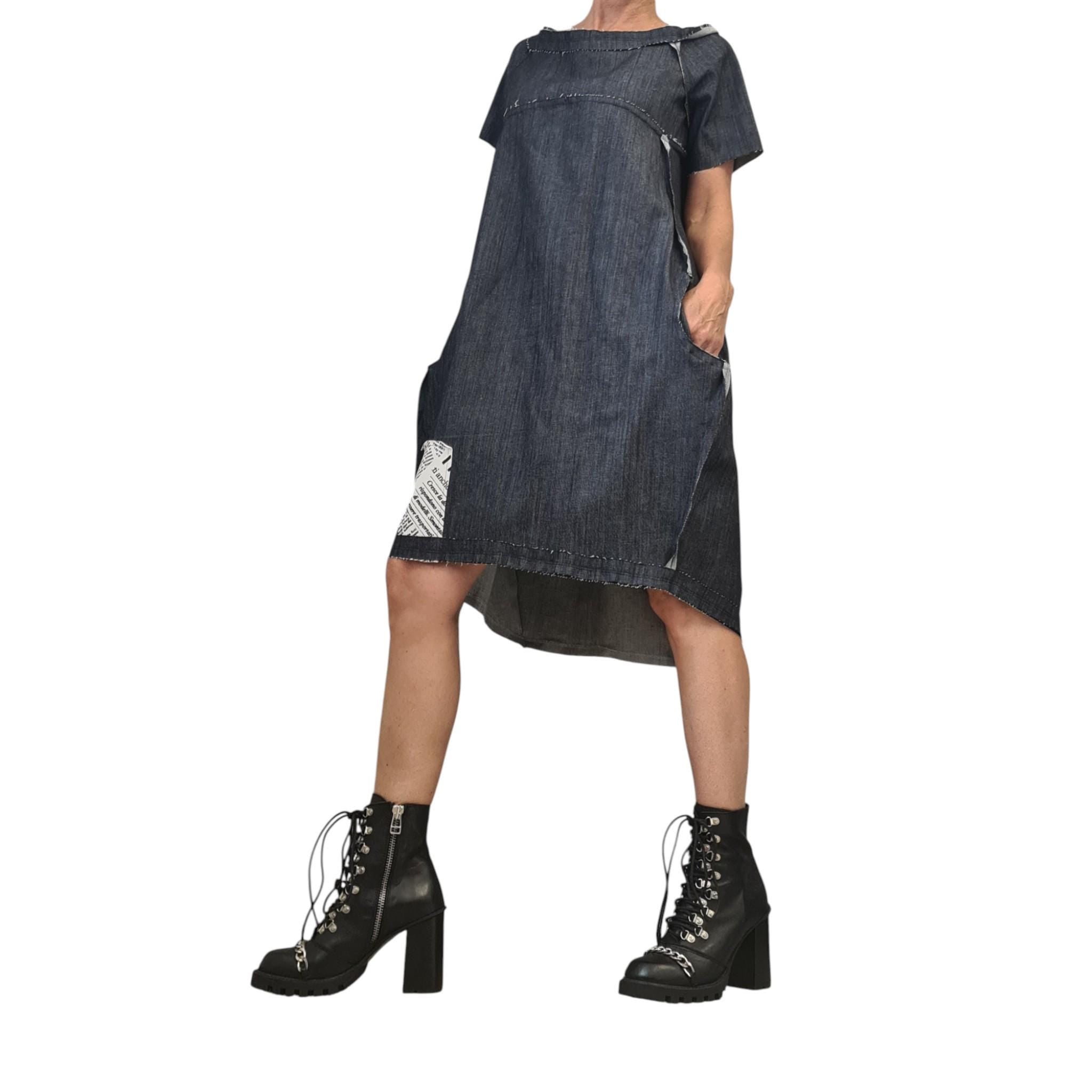 Handmade Denim Tunic Dress – Plus Size Women's Blouson Dress – Comfortable and Stylish Casual Wear, Outside seams