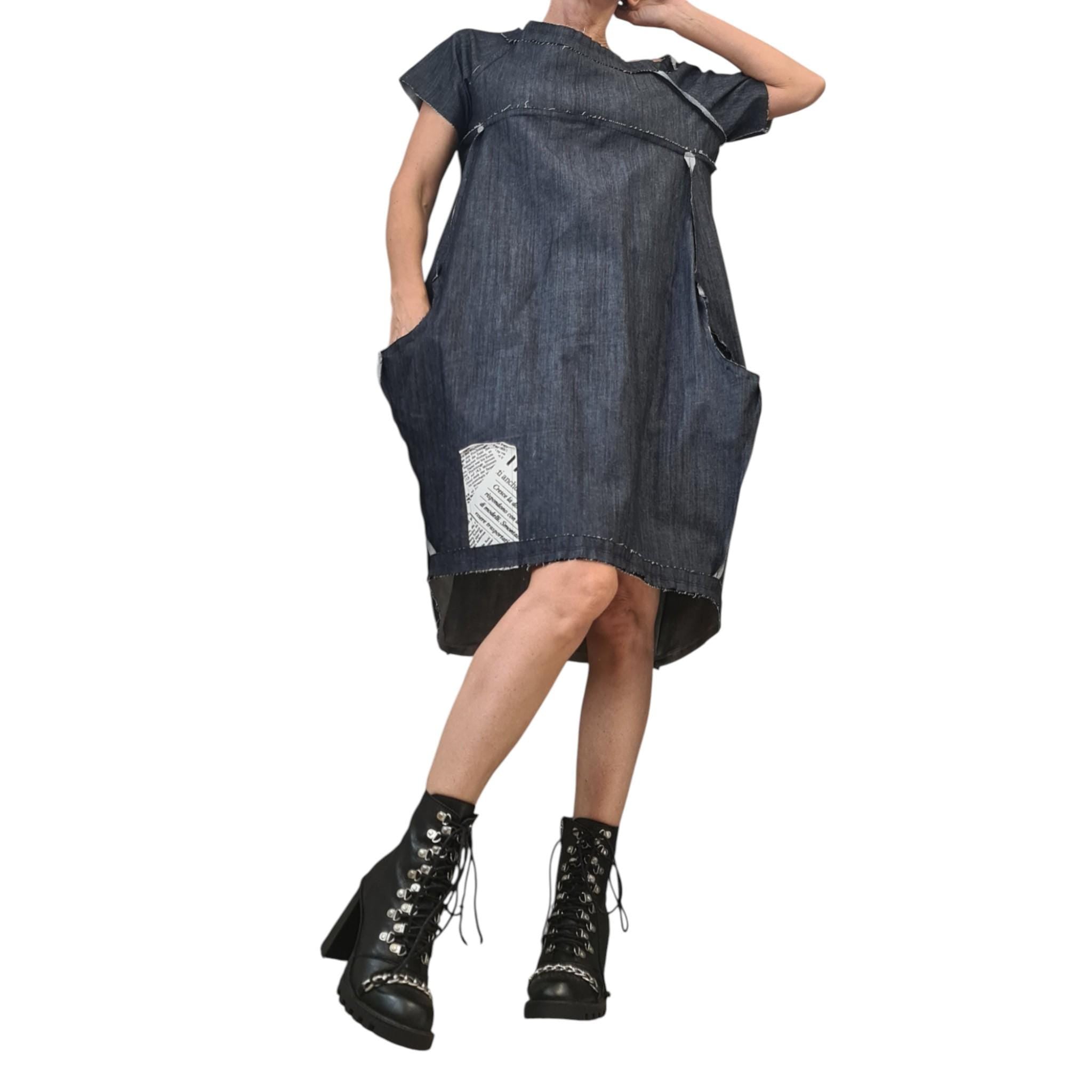 Handmade Denim Tunic Dress – Plus Size Women's Blouson Dress – Comfortable and Stylish Casual Wear, Outside seams