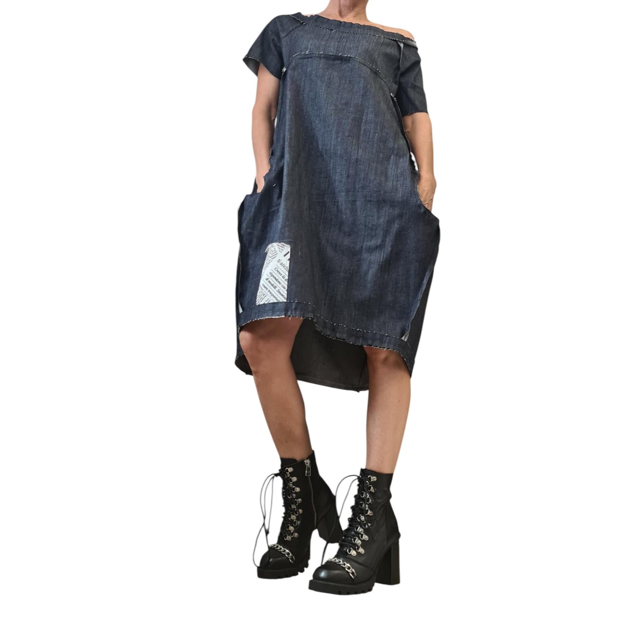 Handmade Denim Tunic Dress – Plus Size Women's Blouson Dress – Comfortable and Stylish Casual Wear, Outside seams