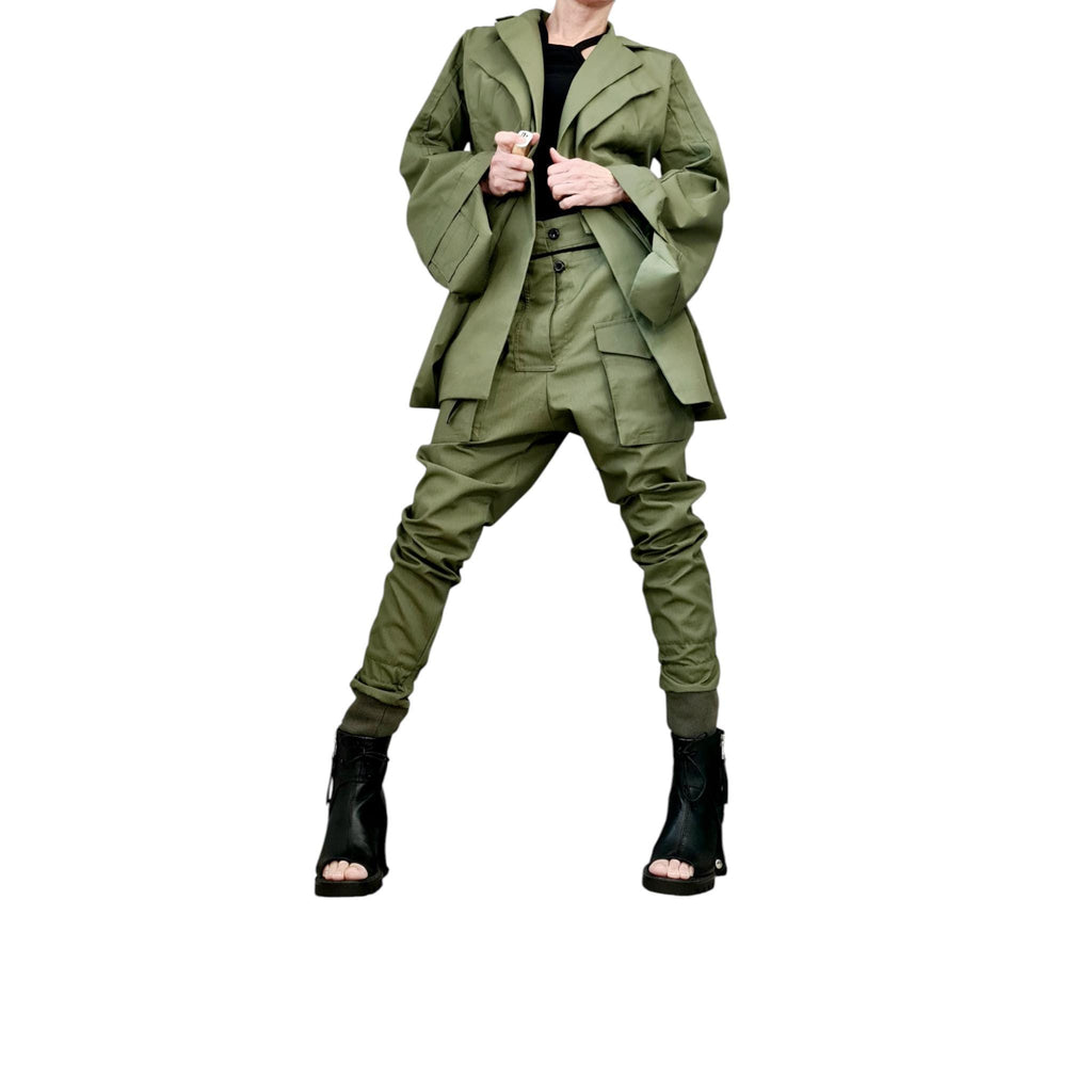 Avant Garde Cargo Suit, Extravagant Double Lapel Blazer and Pants, Olive Green Military Style Women’s Set