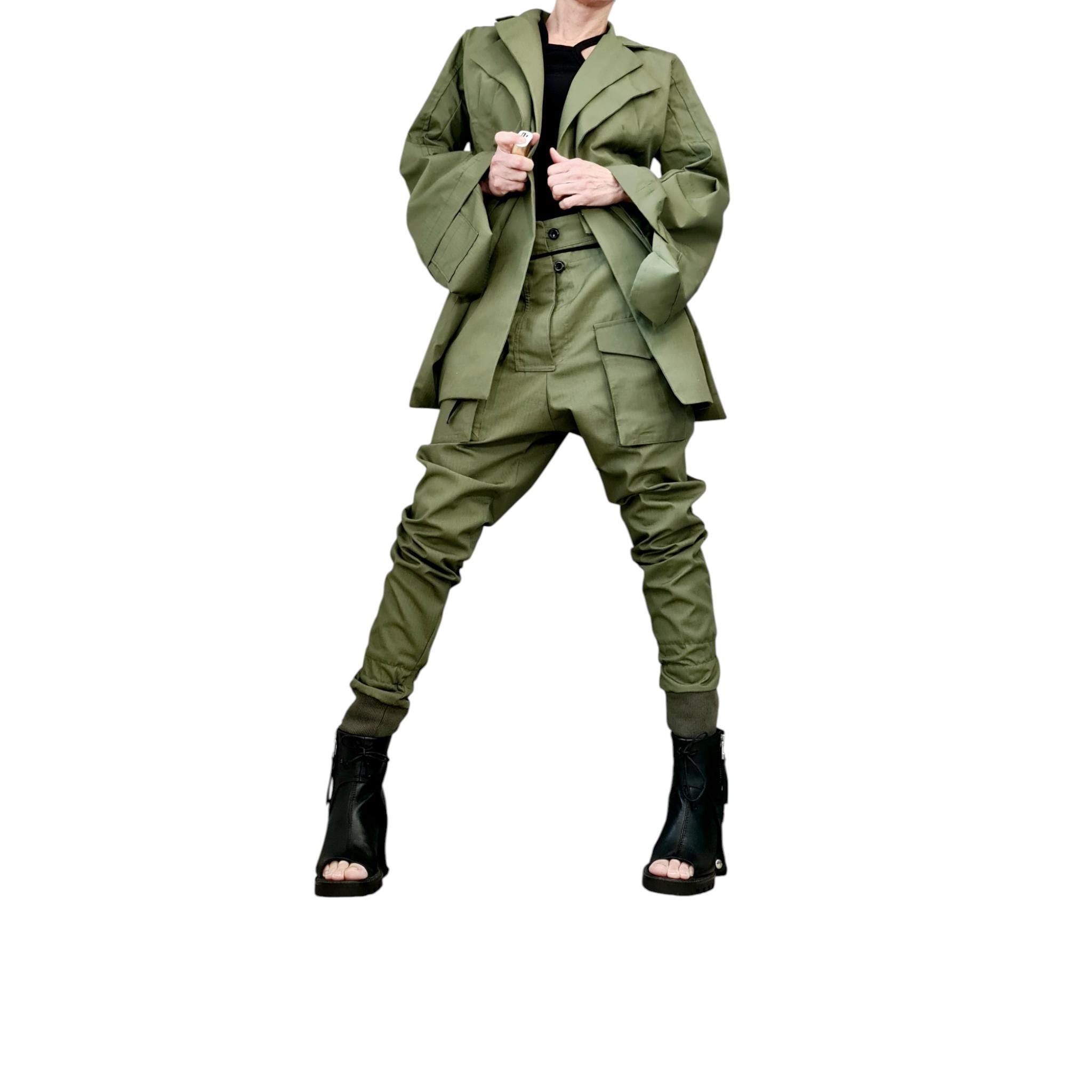 Avant Garde Cargo Suit, Extravagant Double Lapel Blazer and Pants, Olive Green Military Style Women’s Set