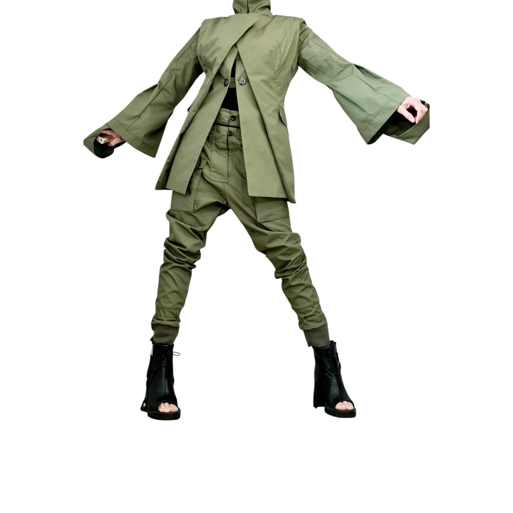 Avant Garde Cargo Suit, Extravagant Double Lapel Blazer and Pants, Olive Green Military Style Women’s Set