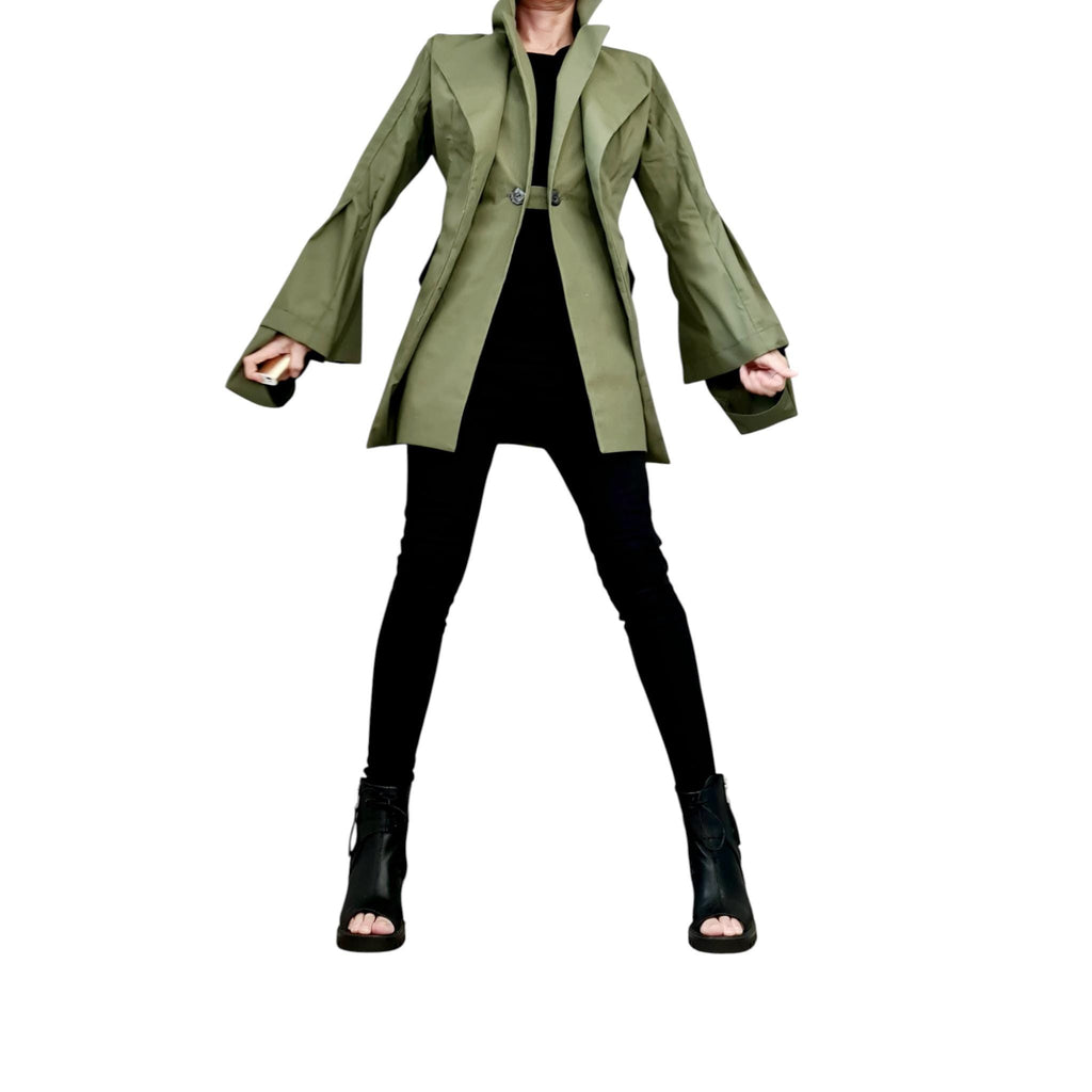 Extravagant Military Jacket, Avantgarde Green Cotton Blazer, Flared Sleeve Coat, Asymmetrical Double Lapel Jacket, Fall Statement Coat