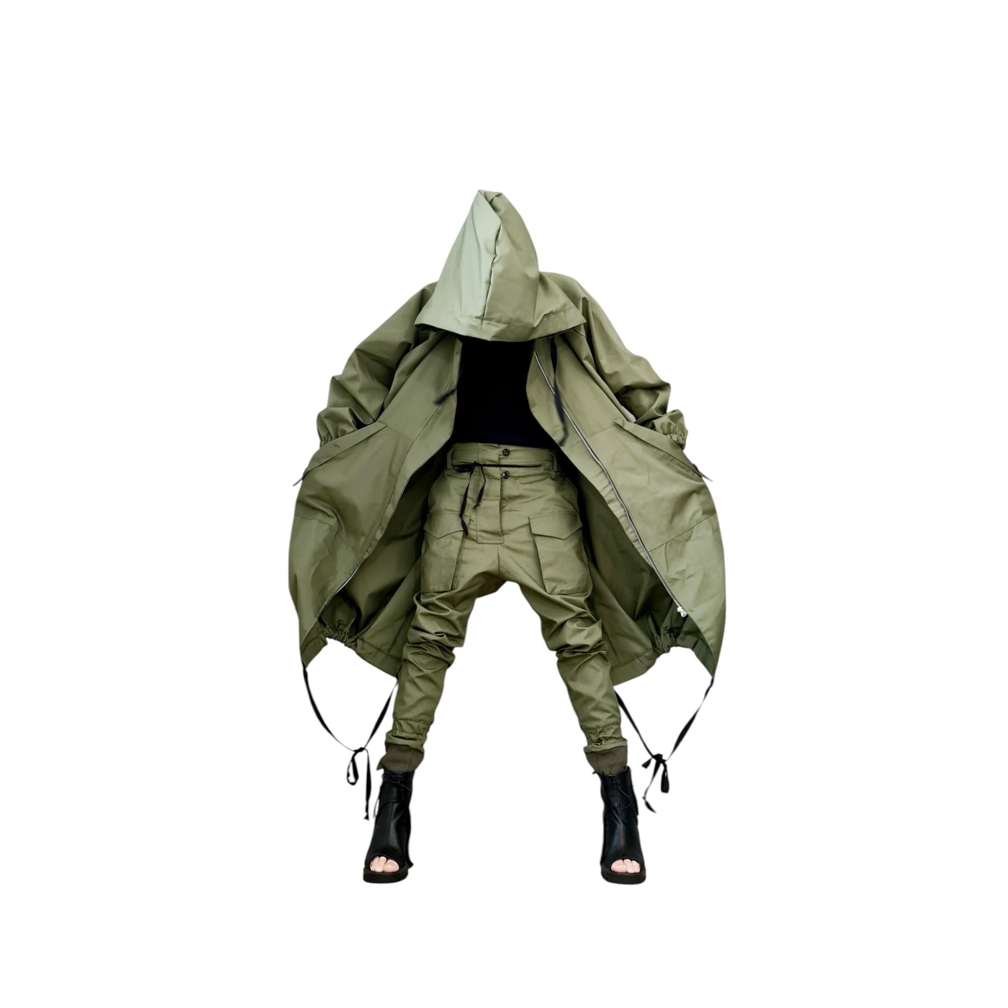 Military Trench Coat Set, Avantgarde Cargo Pants and Hooded Jacket, Extravagant Cotton Outfit, Asymmetrical Street Style Ensemble