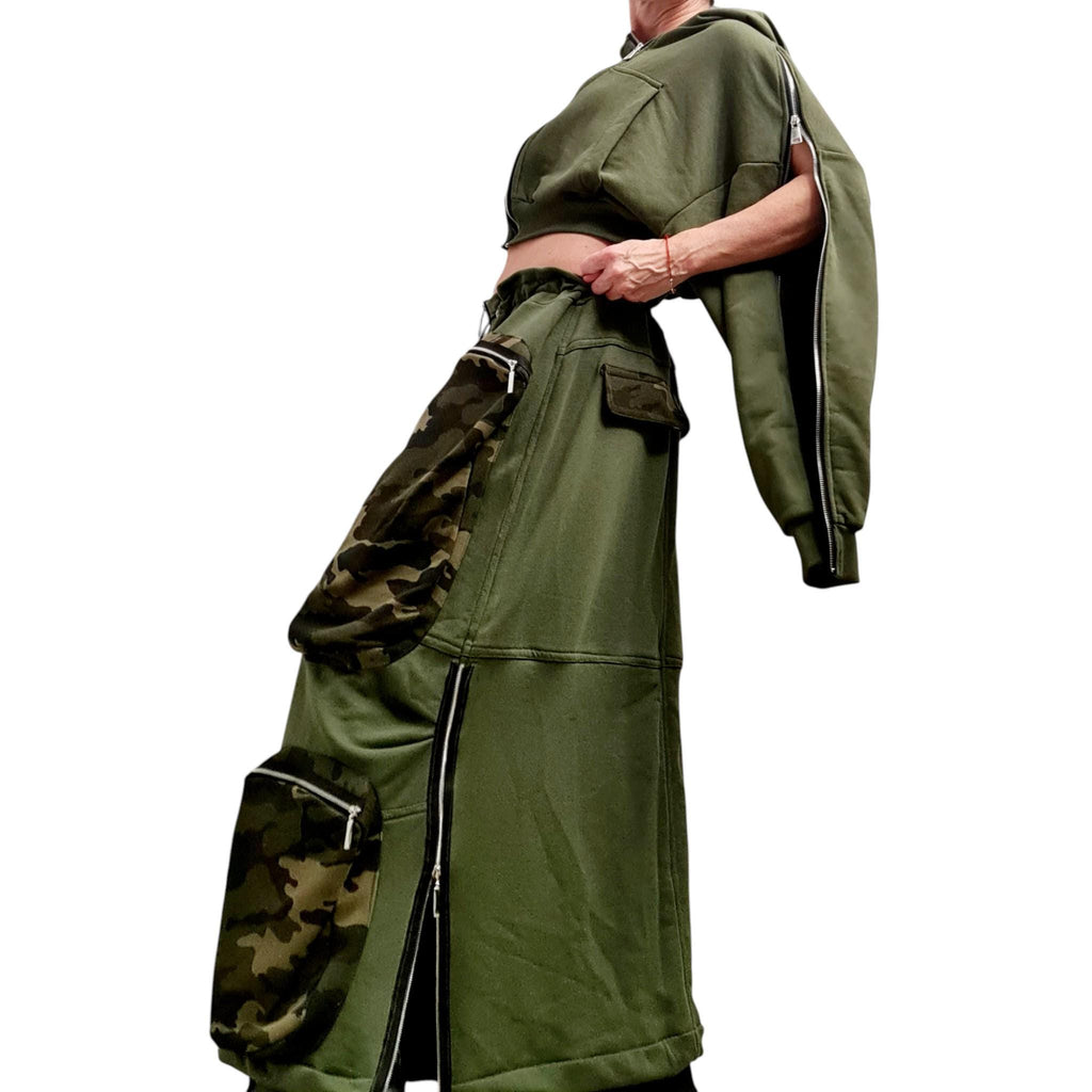 Cargo Military Maxi Skirt with Camo Pockets – Green Army Style Utility Skirt – Avant Garde Streetwear Women’s Combat Fashion