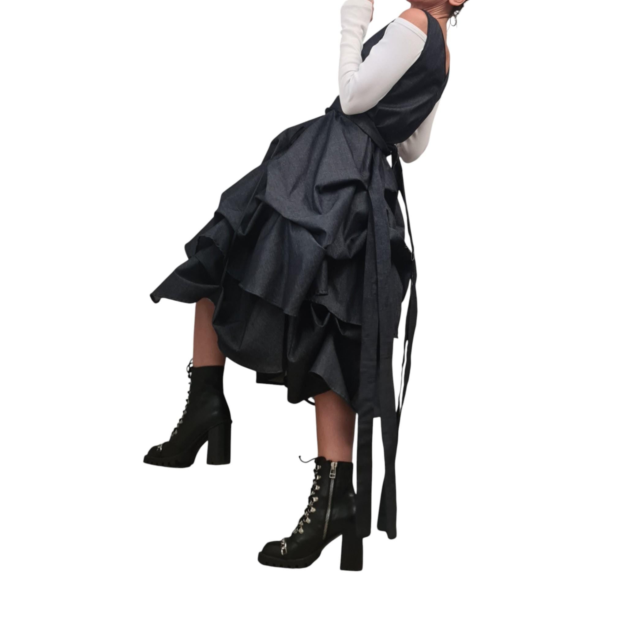 Extravagant Denim Dress, Avant Garde Asymmetric Sleeveless Dress with Drawstring Front, Sculptural Deconstructed Midi Dress