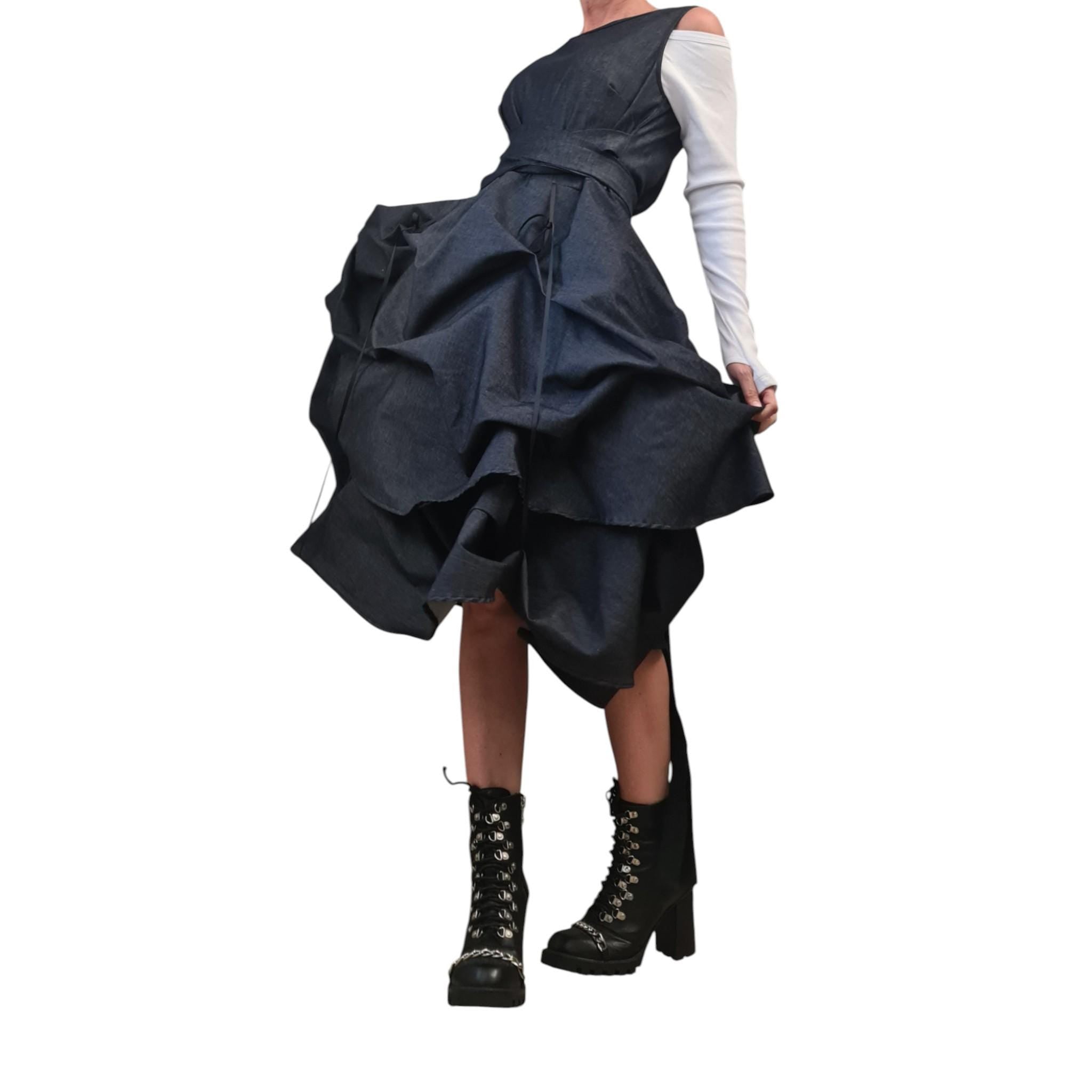 Extravagant Denim Dress, Avant Garde Asymmetric Sleeveless Dress with Drawstring Front, Sculptural Deconstructed Midi Dress