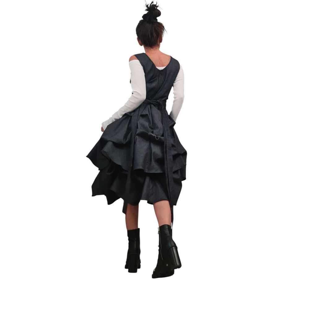 Extravagant Denim Dress, Avant Garde Asymmetric Sleeveless Dress with Drawstring Front, Sculptural Deconstructed Midi Dress