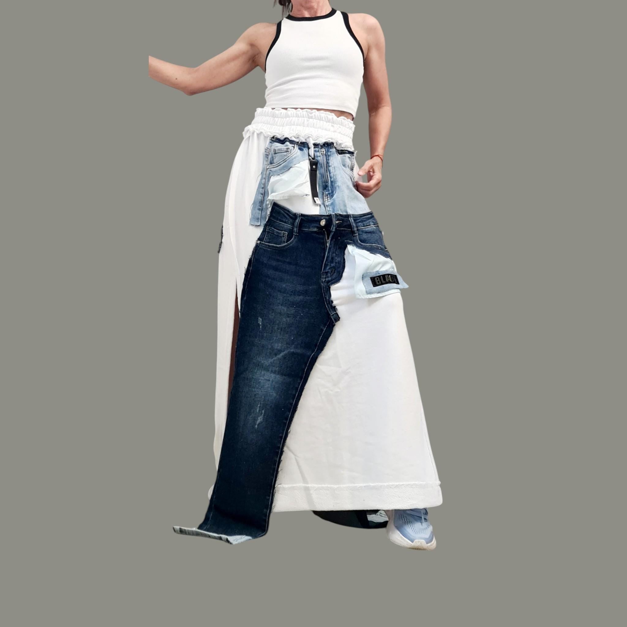 Avant Garde Maxi Skirt Cotton with Denim Details, White Long Skirt with External Seams, Unique Artistic Statement Skirt Women