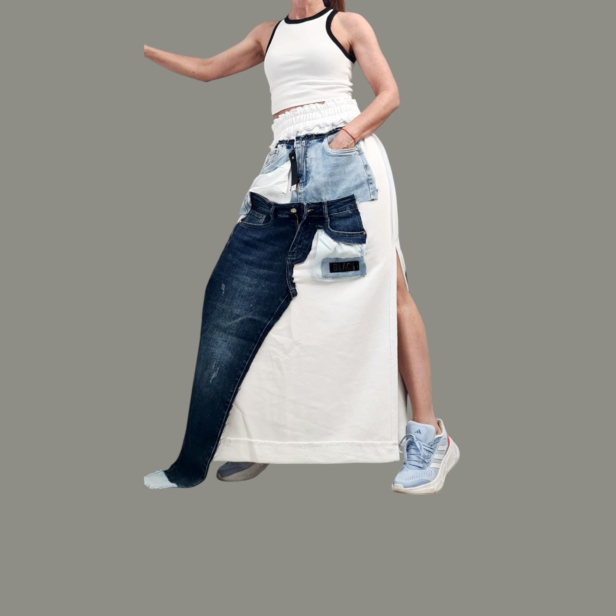 Avant Garde Maxi Skirt Cotton with Denim Details, White Long Skirt with External Seams, Unique Artistic Statement Skirt Women