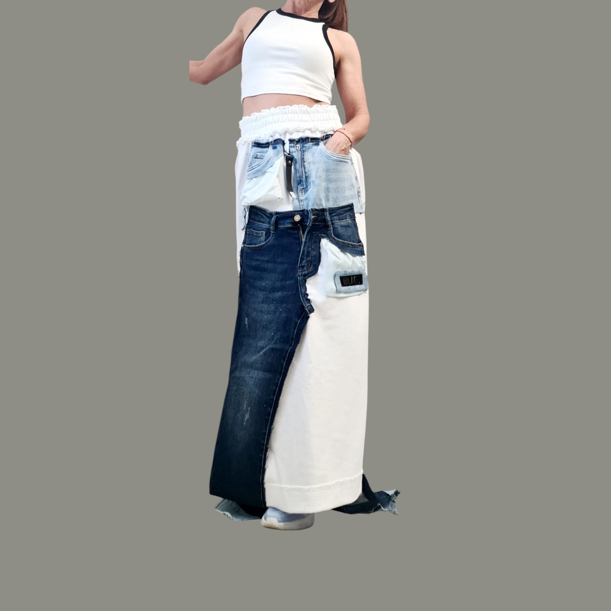 Avant Garde Maxi Skirt Cotton with Denim Details, White Long Skirt with External Seams, Unique Artistic Statement Skirt Women