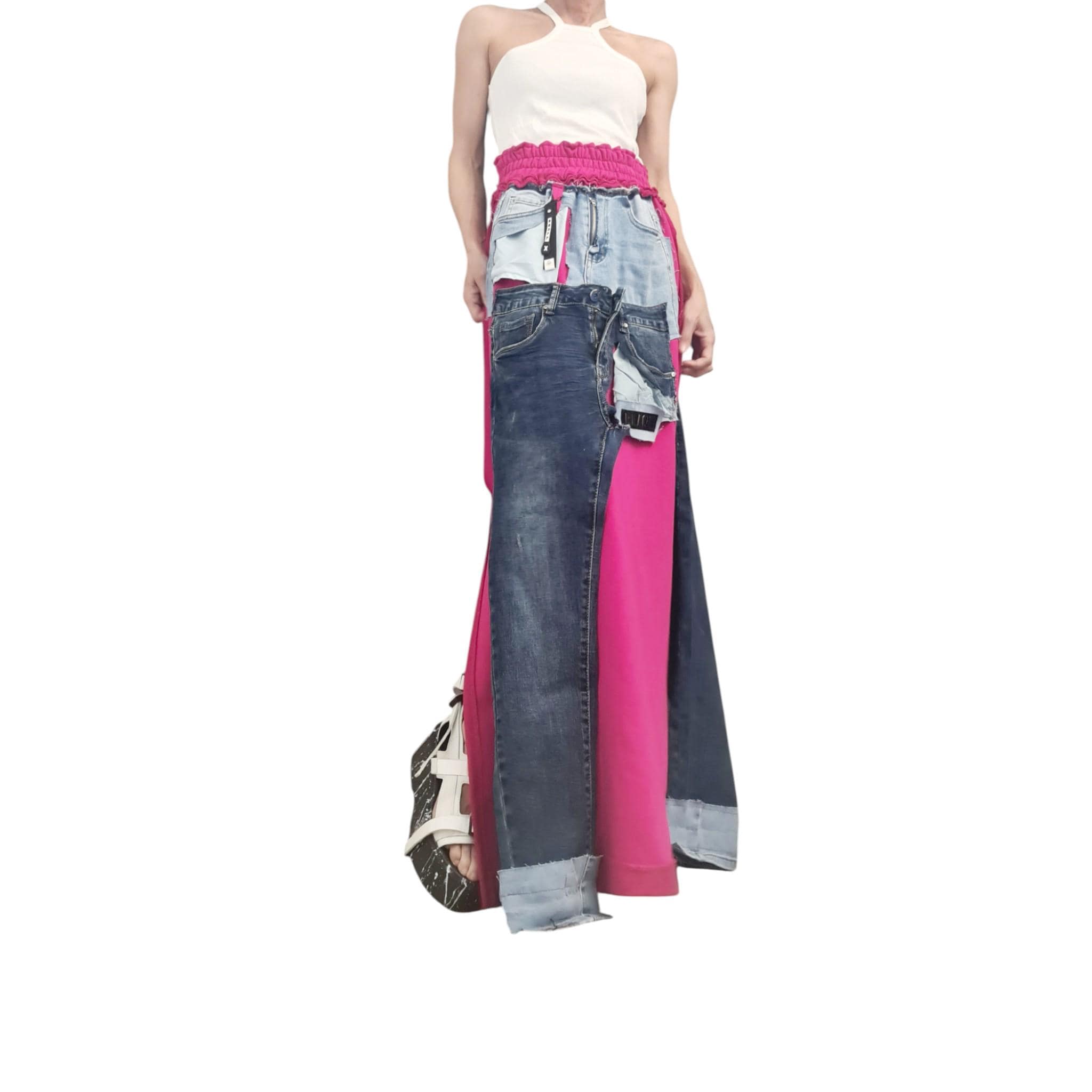 Avant Garde Maxi Skirt Fuchsia Cotton with Denim Details, Hot Pink Long Skirt with External Seams, Artistic Statement Skirt Women