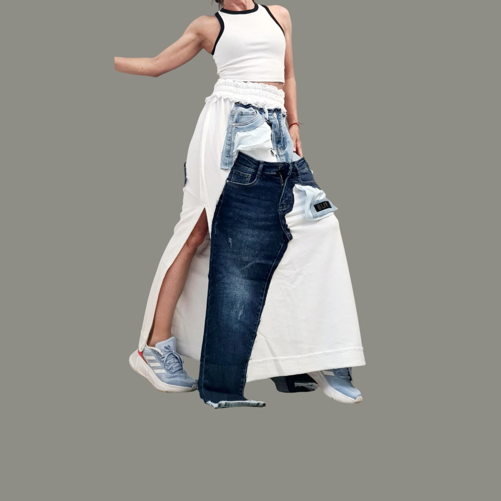 Avant Garde Maxi Skirt Fuchsia Cotton with Denim Details, Hot Pink Long Skirt with External Seams, Artistic Statement Skirt Women