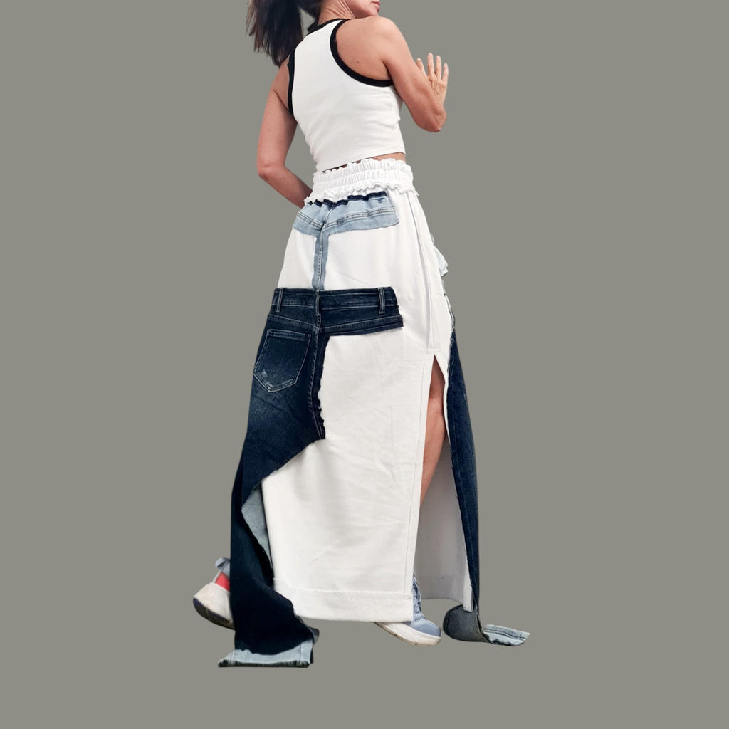 Avant Garde Maxi Skirt Fuchsia Cotton with Denim Details, Hot Pink Long Skirt with External Seams, Artistic Statement Skirt Women