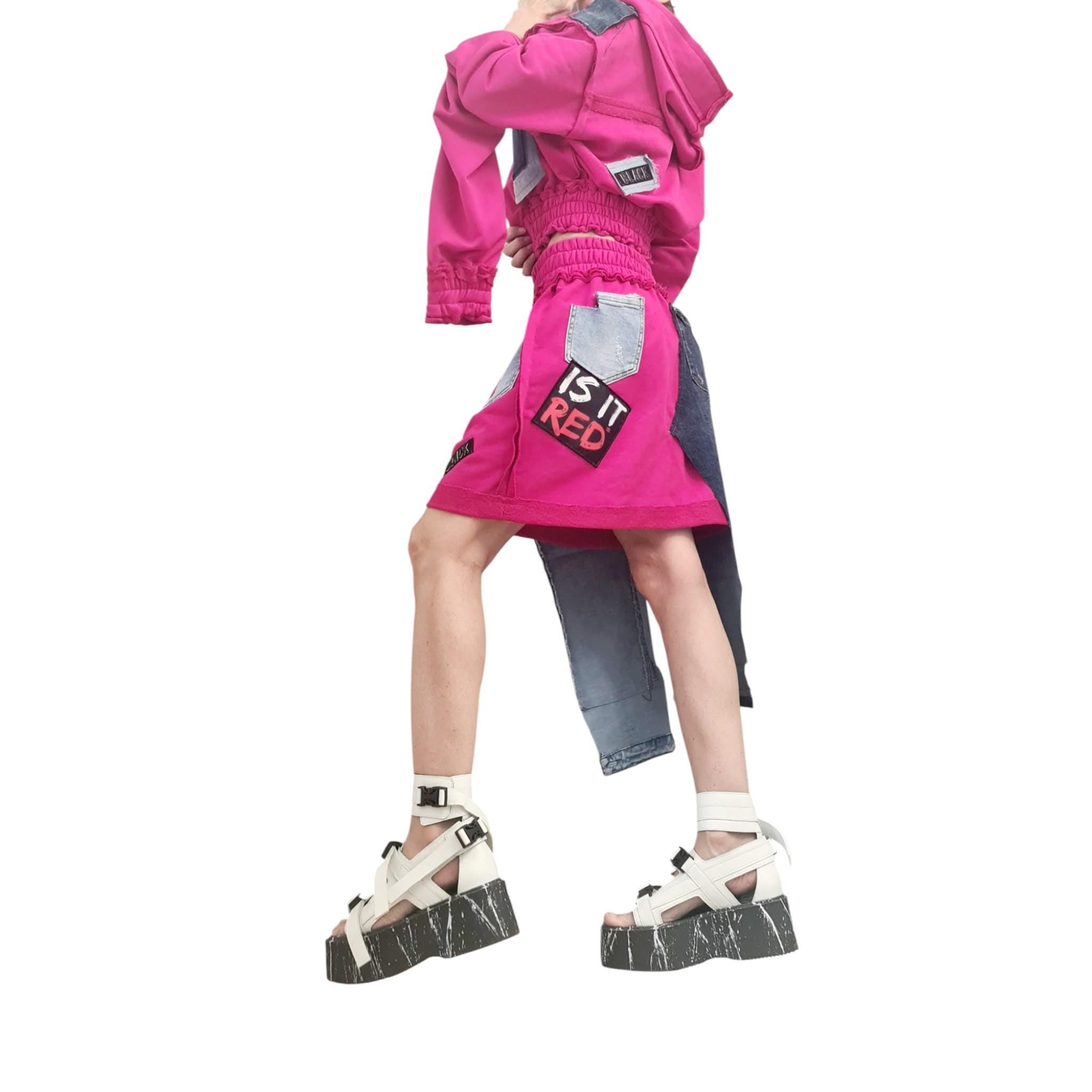 Cotton Skirt  Switcher Set, Fuchsia Outfit Denim Elements, Asymmetrical Skirt & Long Sleeve Top, Avant-Garde Style