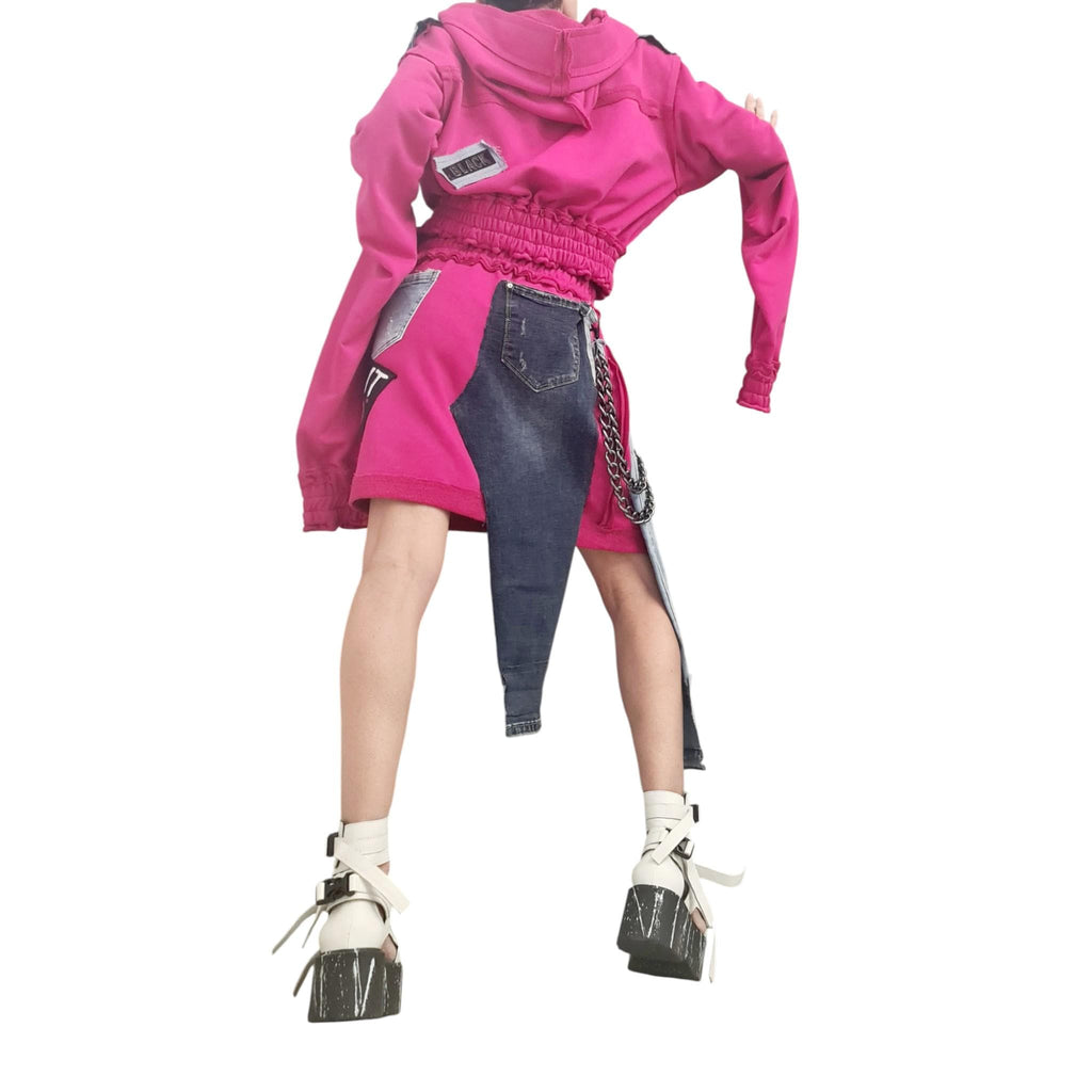 Cotton Skirt  Switcher Set, Fuchsia Outfit Denim Elements, Asymmetrical Skirt & Long Sleeve Top, Avant-Garde Style