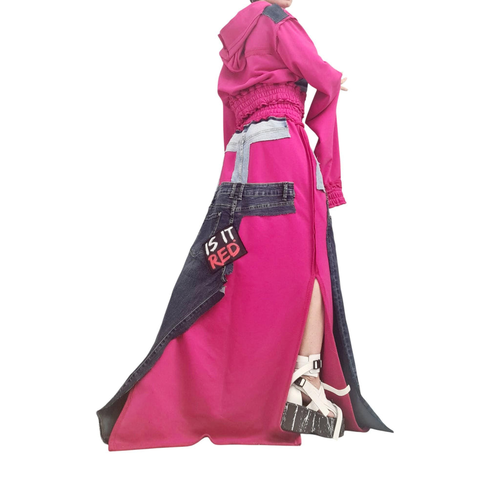 Long Cotton Skirt Switcher Set, Fuchsia Pink Handmade Outfit with Denim Elements, Asymmetrical Long Skirt Long Sleeve Top, Avant-Garde Set